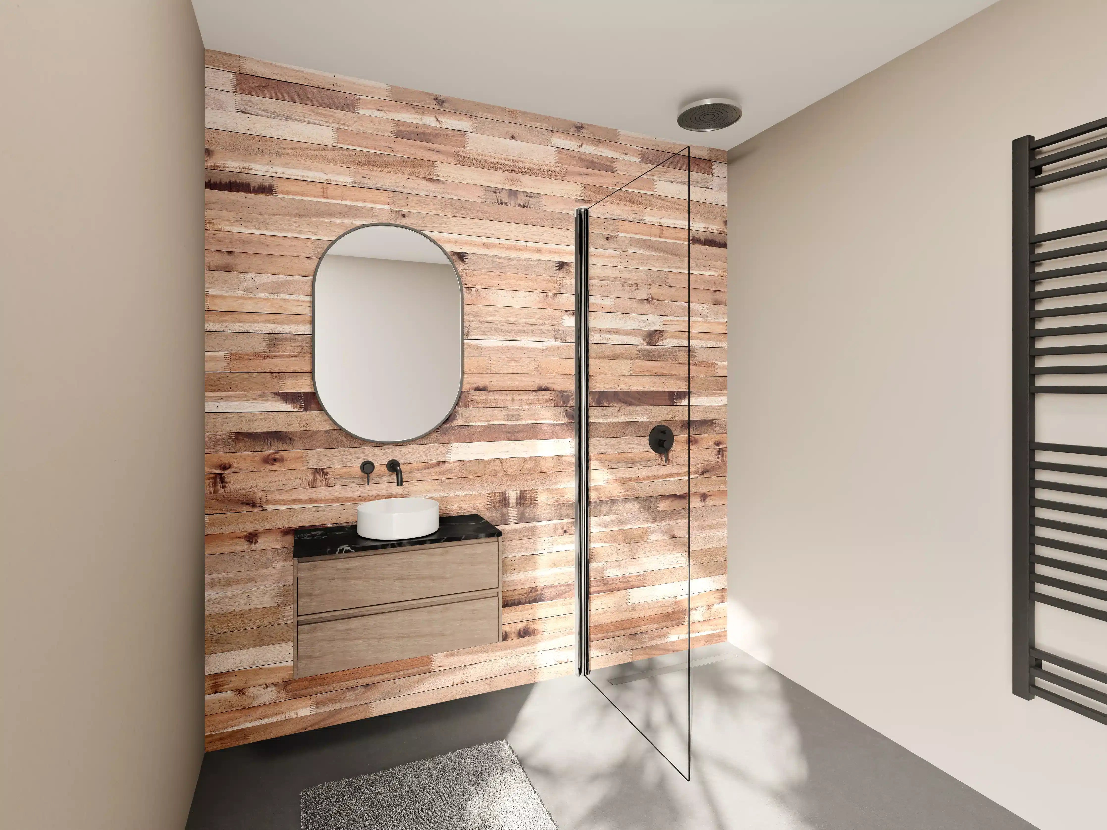Wandverkleidung Bad - Warme Holz- & Graunuancen
