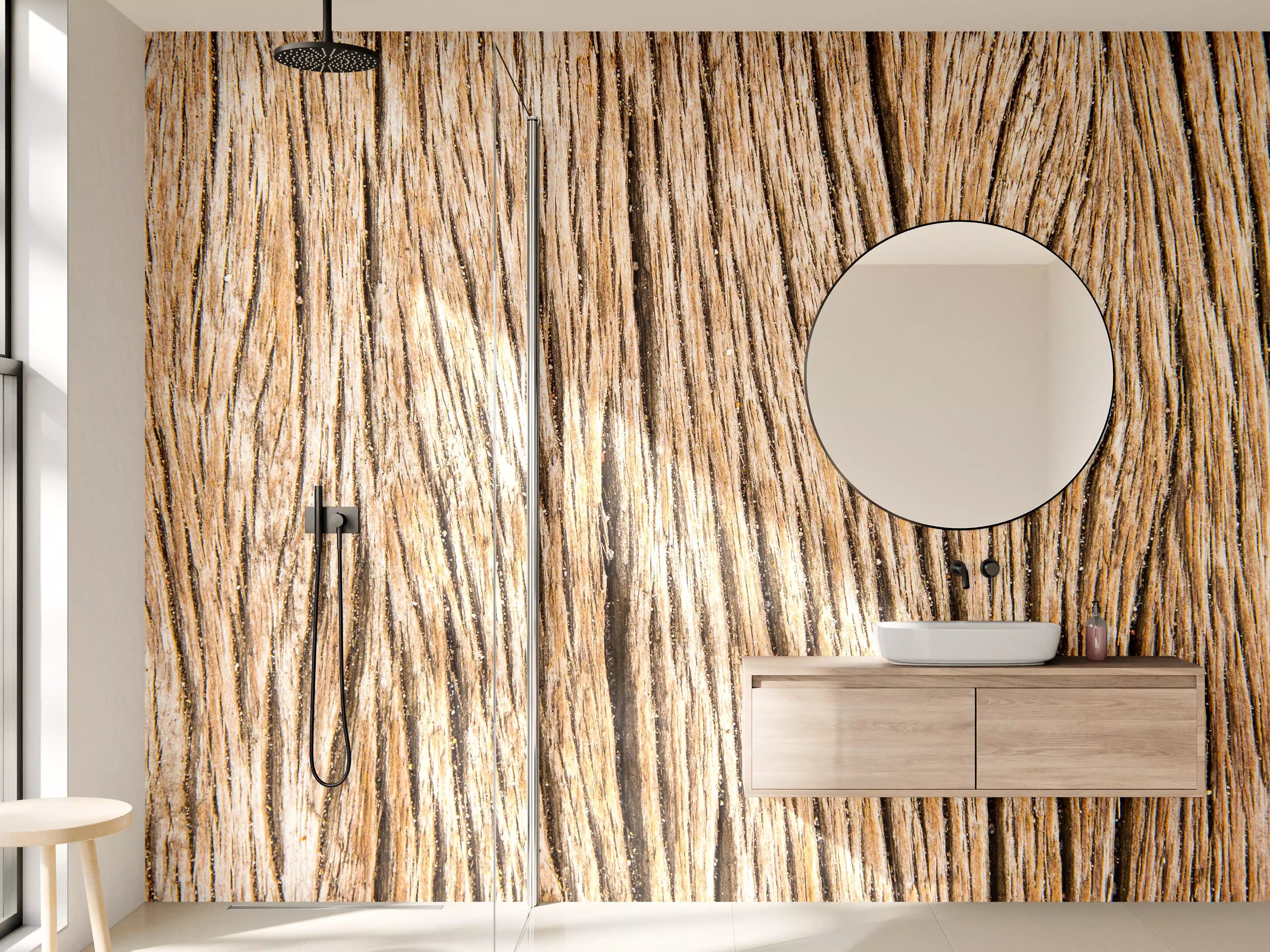 Wandverkleidung Bad - Warme Holzmaserung in Beige und Grau