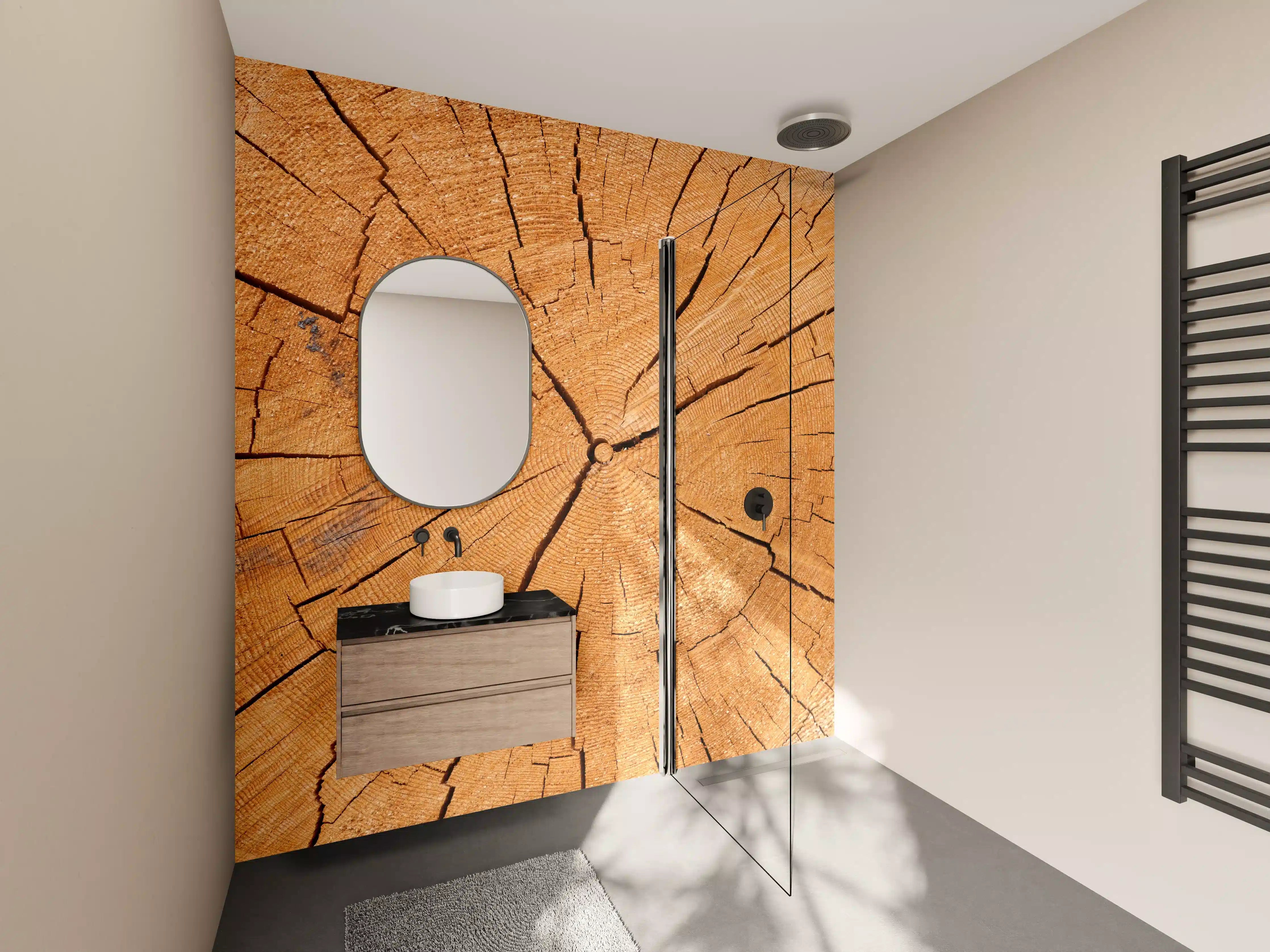 Wandverkleidung Bad - Warme Holzmaserung mit Rissmustern