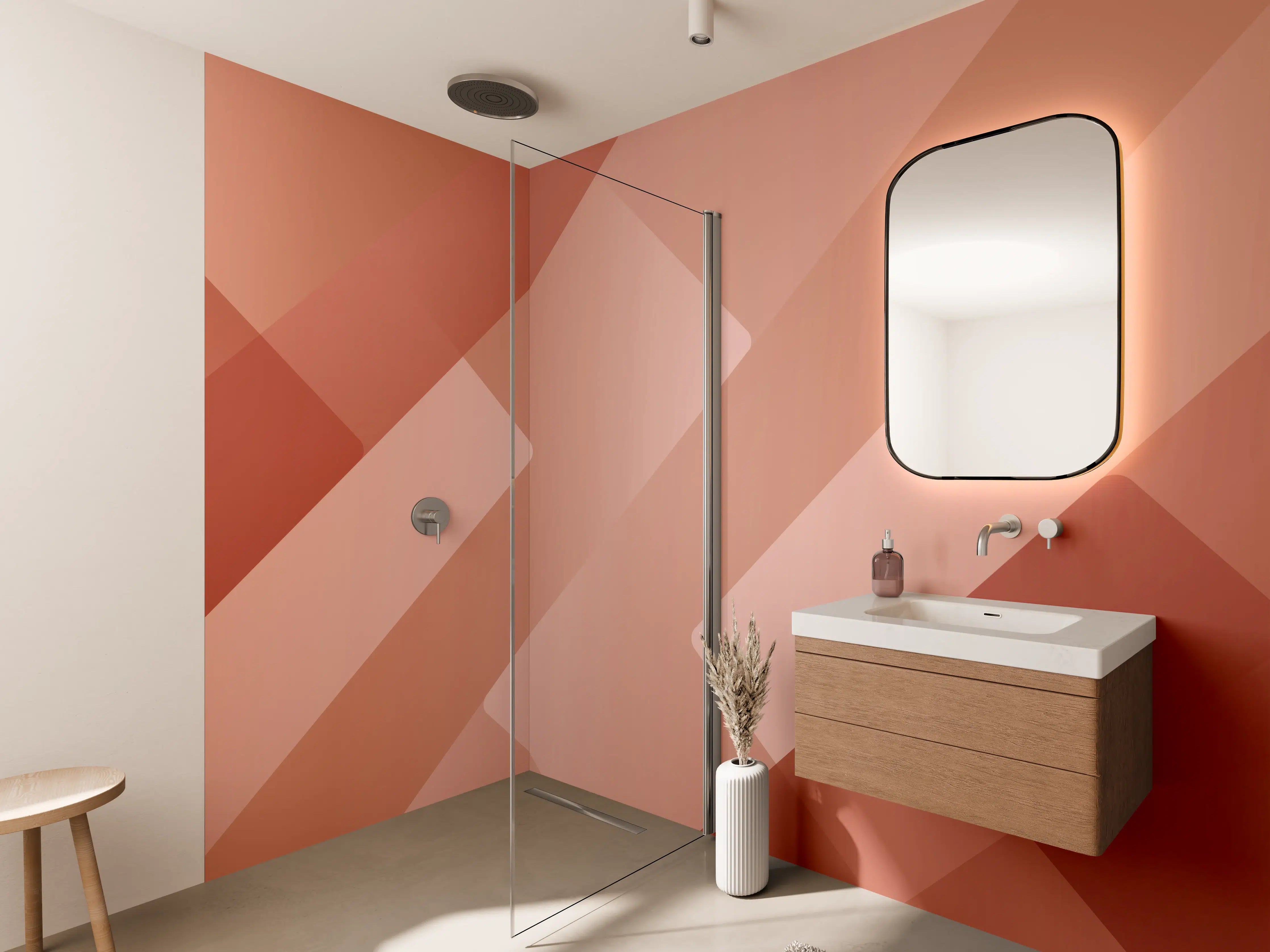 Wandverkleidung Bad - Warmer Braun-Ton mit geometrischen Mustern