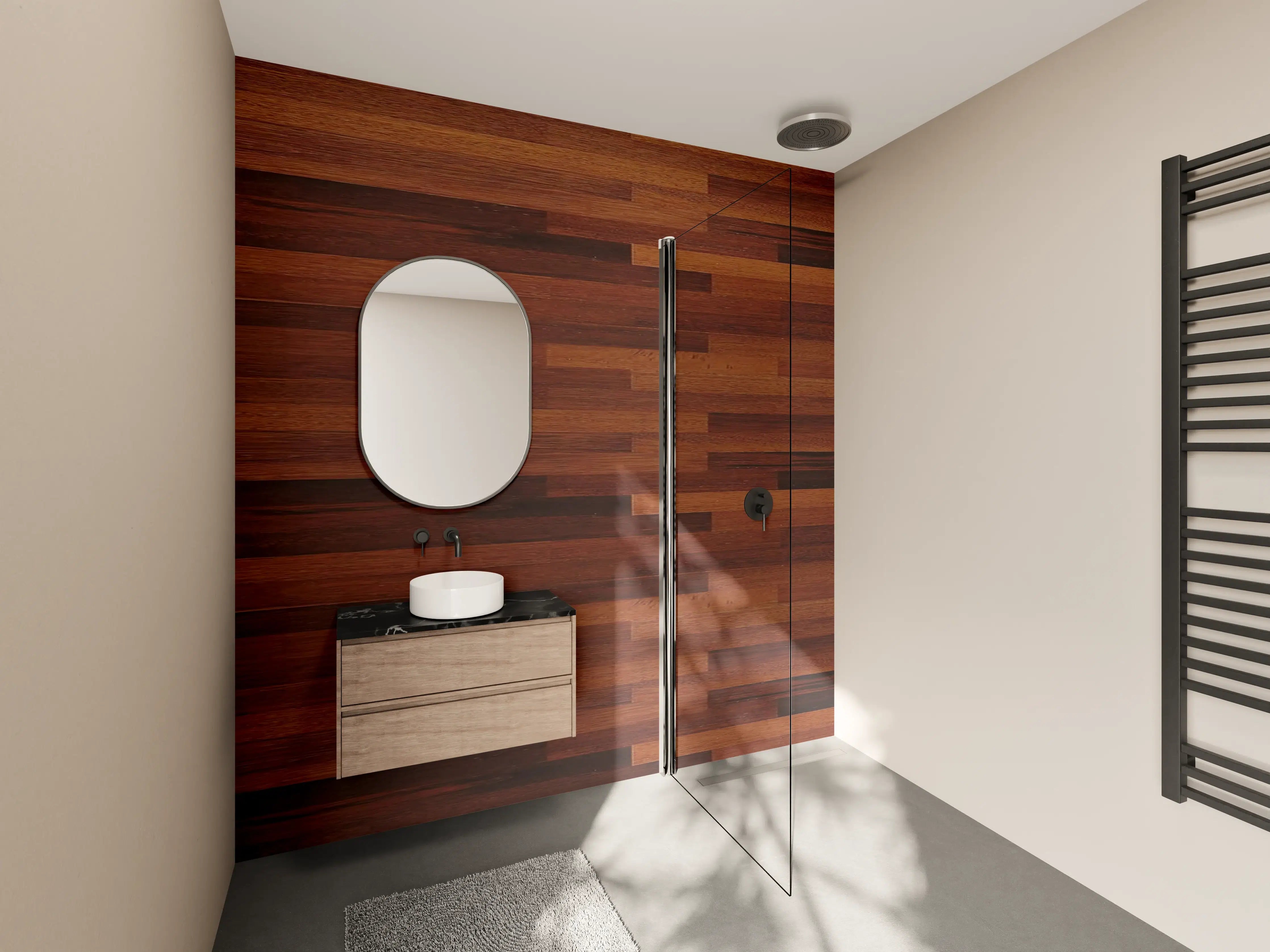 Wandverkleidung Bad - Warmer Holzoptik mit dunklen und hellen Tönen