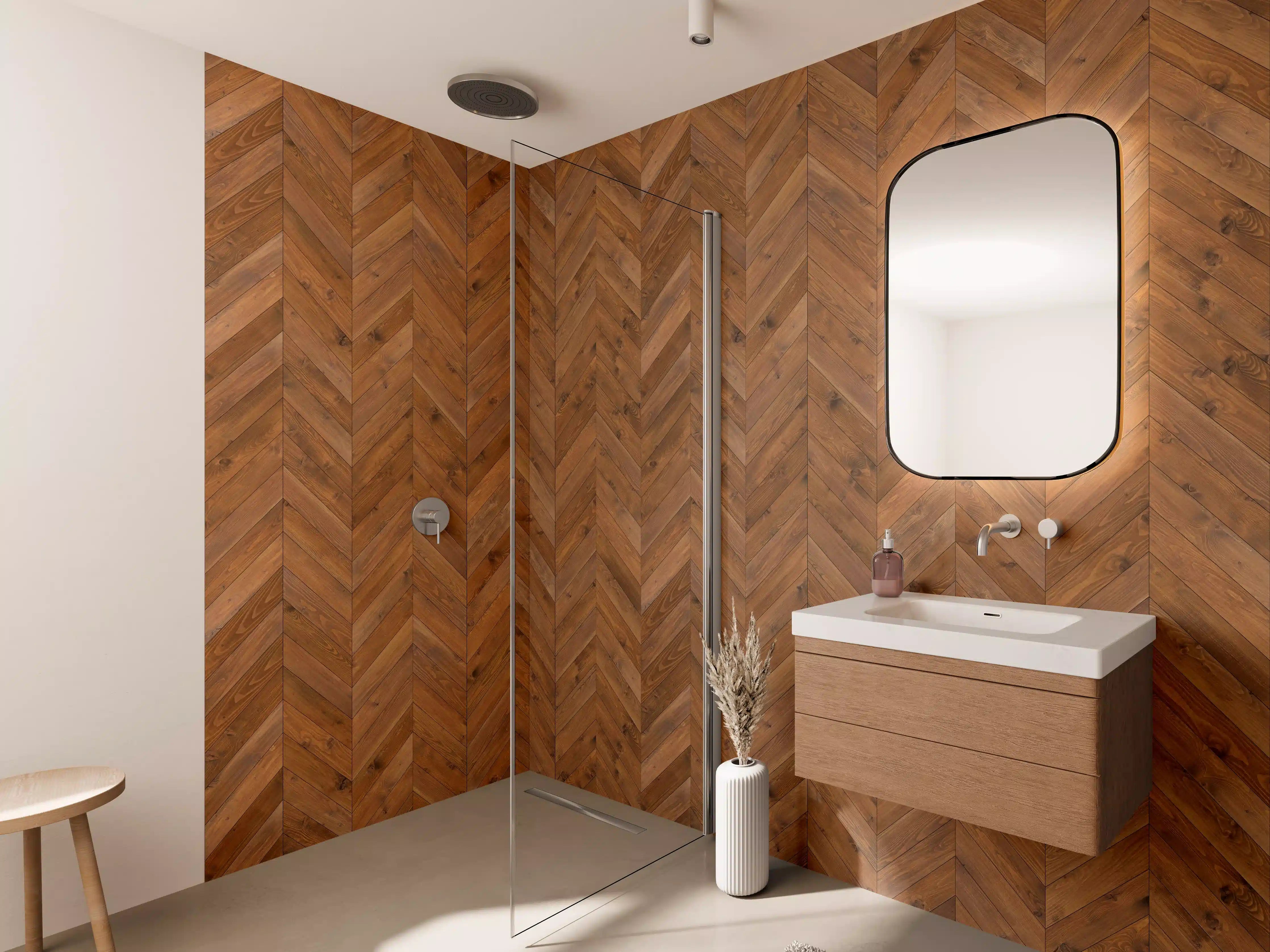 Wandverkleidung Bad - Warmes Holzparkett mit Chevron-Muster