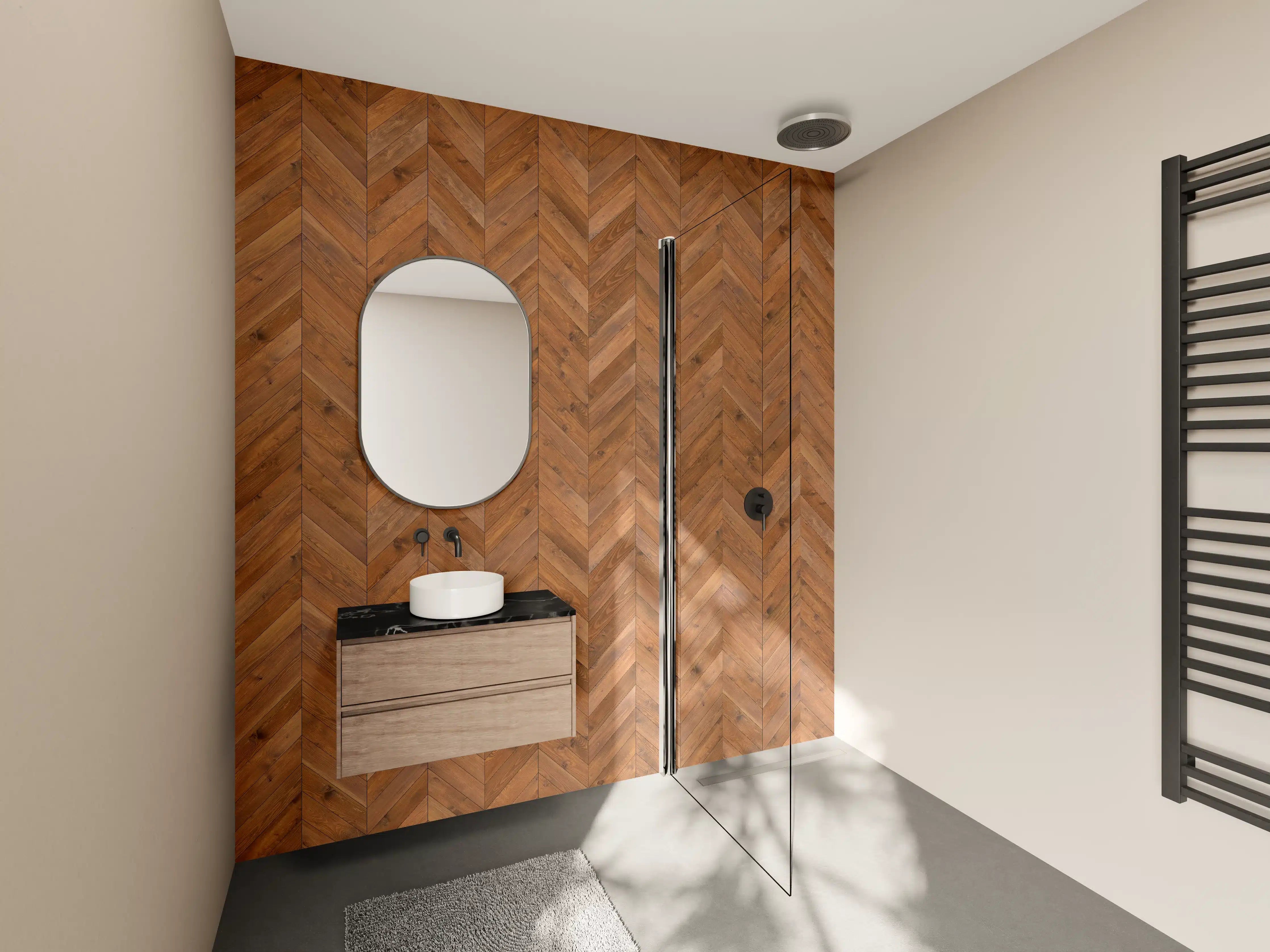 Wandverkleidung Bad - Warmes Holzparkett mit Chevron-Muster