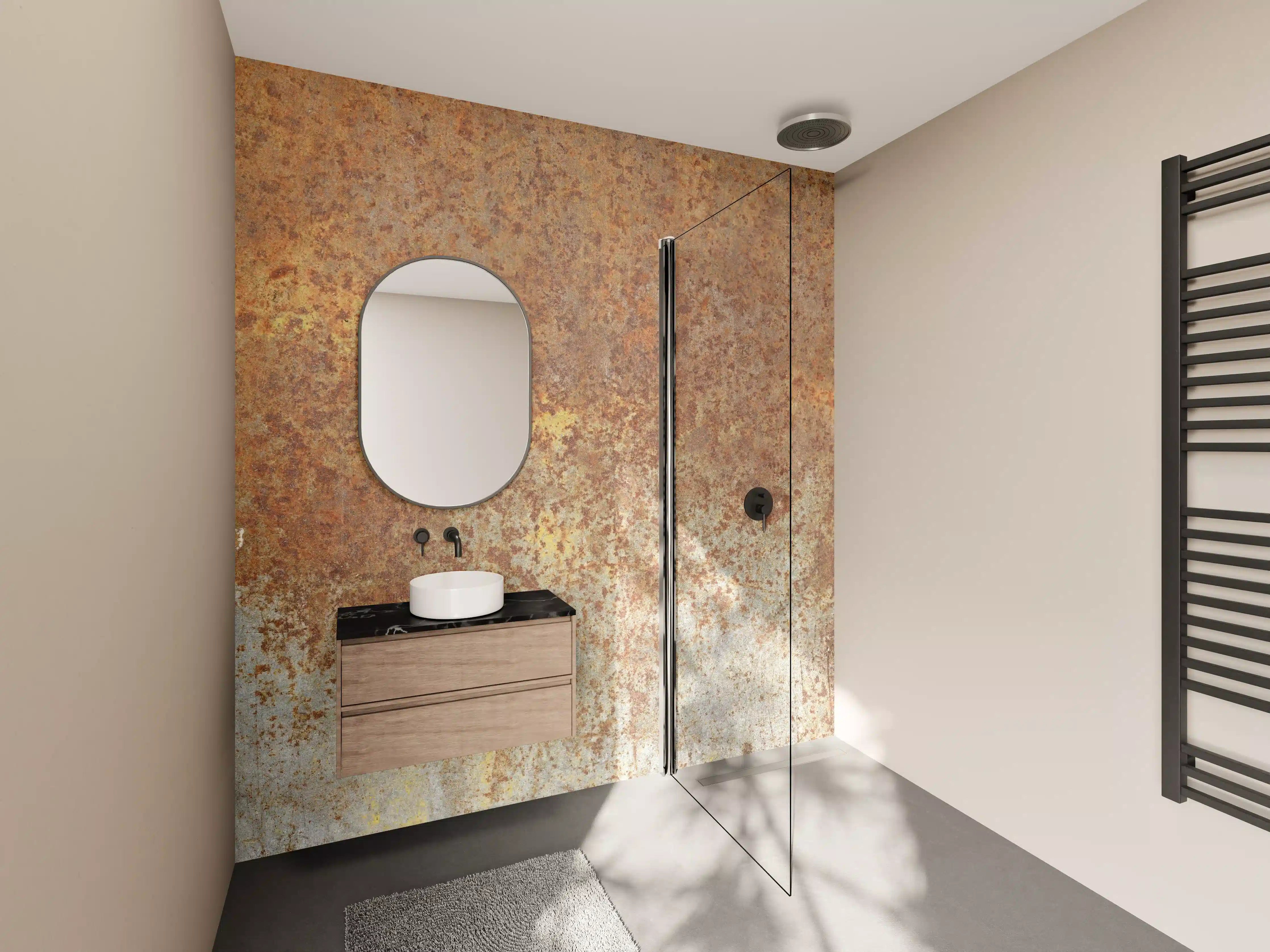 Wandverkleidung Bad - Warmes Metall-Design mit Graunuancen