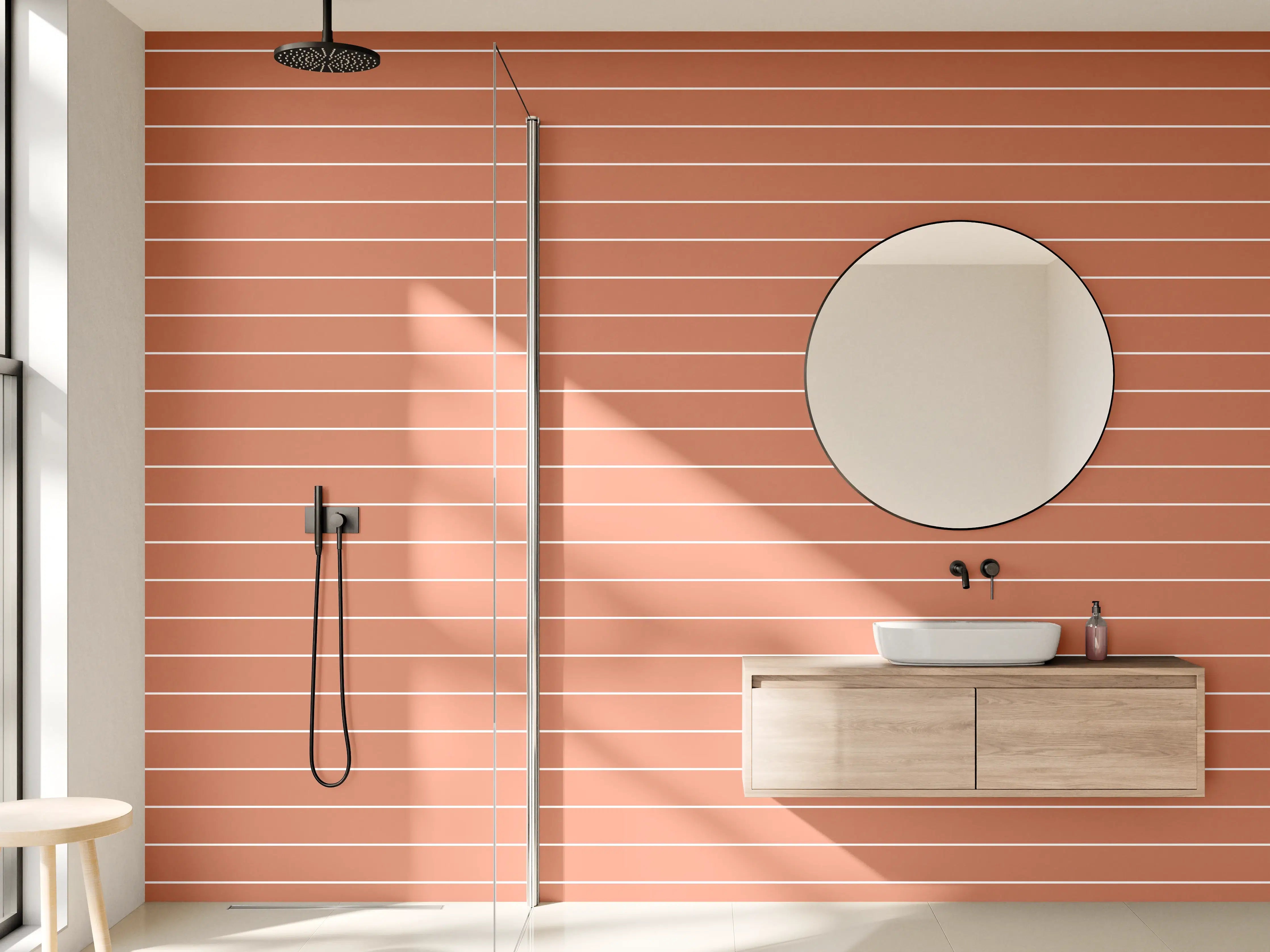 Wandverkleidung Bad - Warmes Terrakotta mit weißen Linien