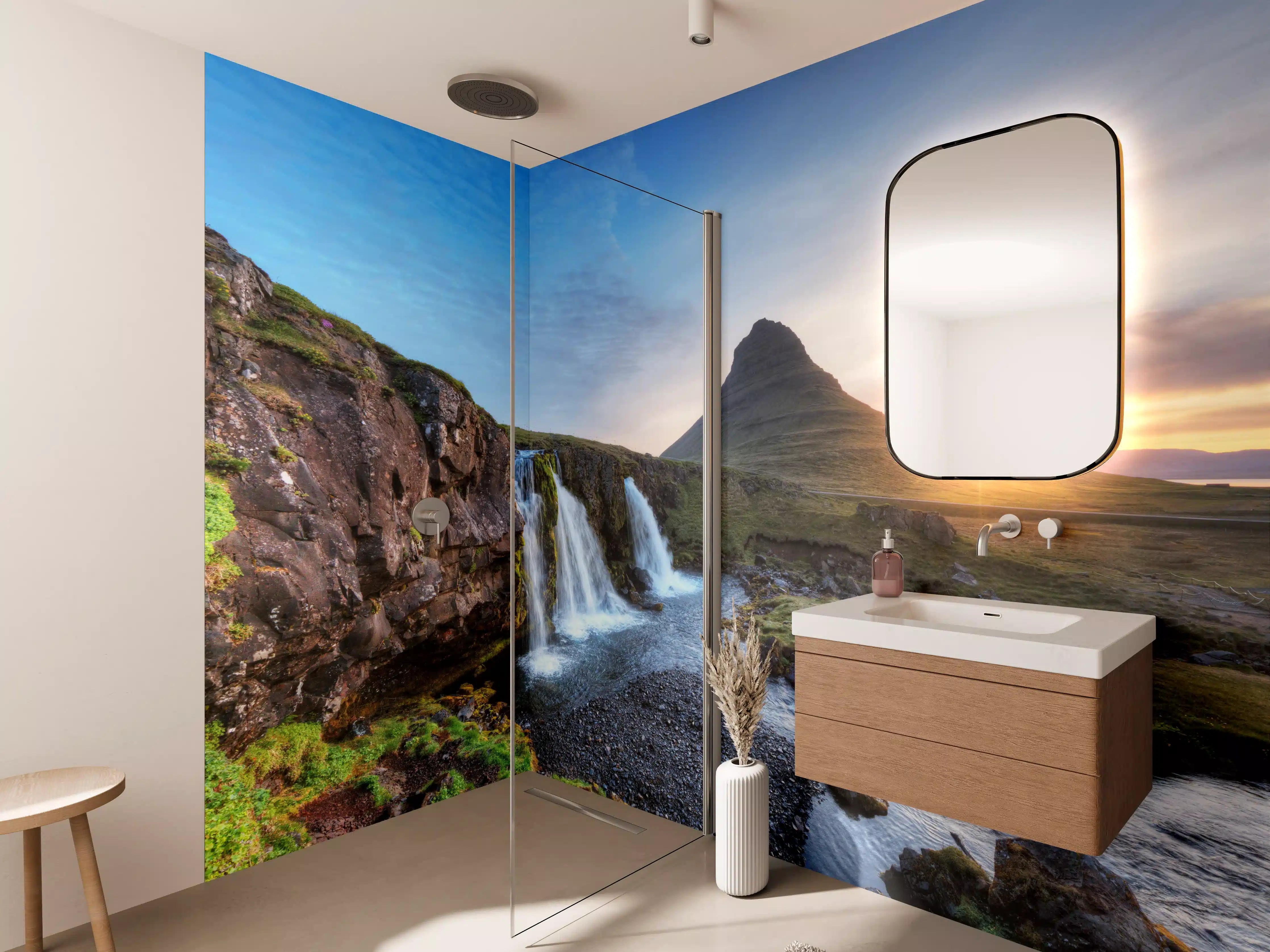 Wandverkleidung Bad - Wasserfall bei Sonnenuntergang