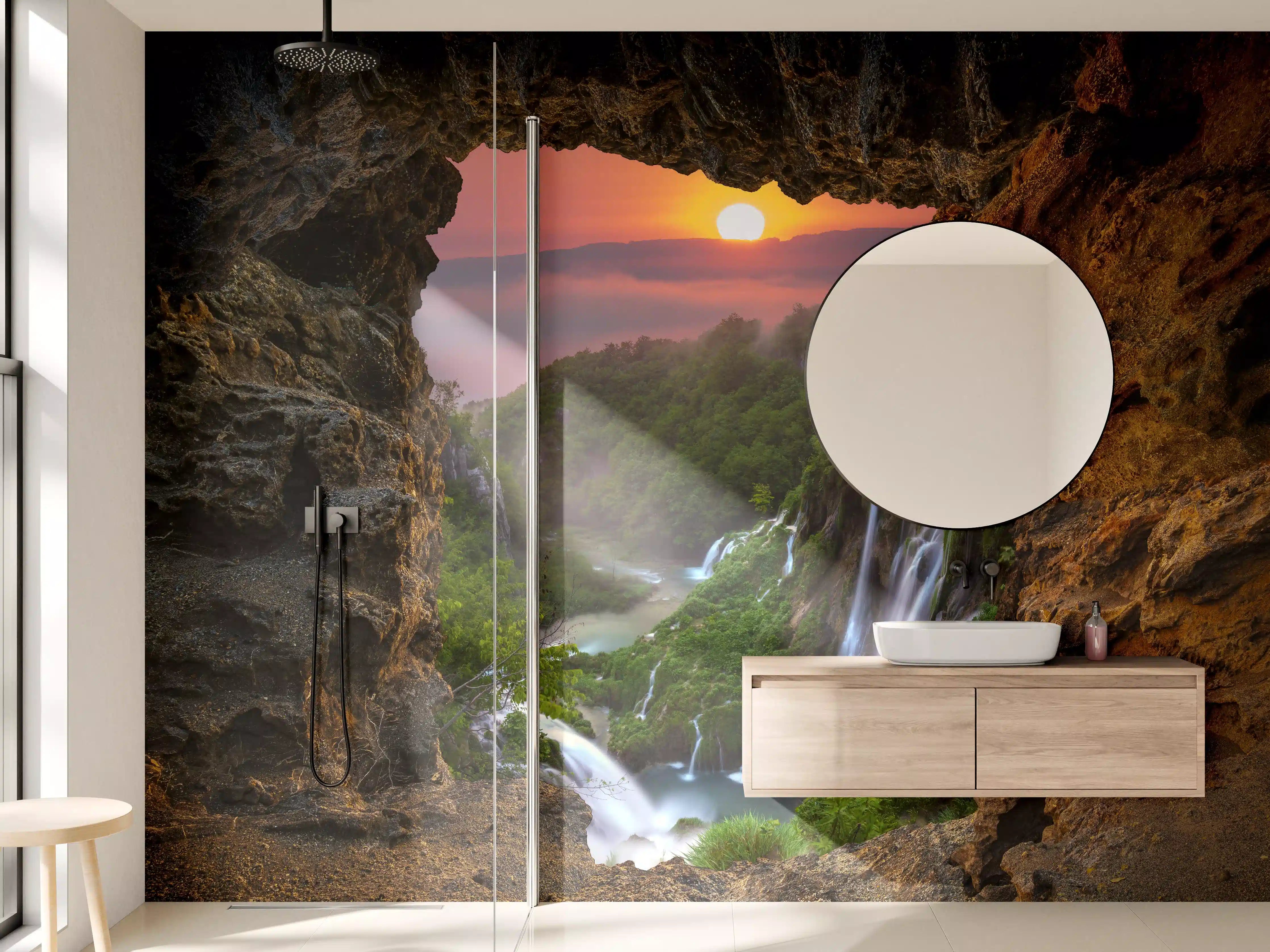 Wandverkleidung Bad - Wasserfall im Nationalpark Plitvicer Seen bei Sonnenuntergang