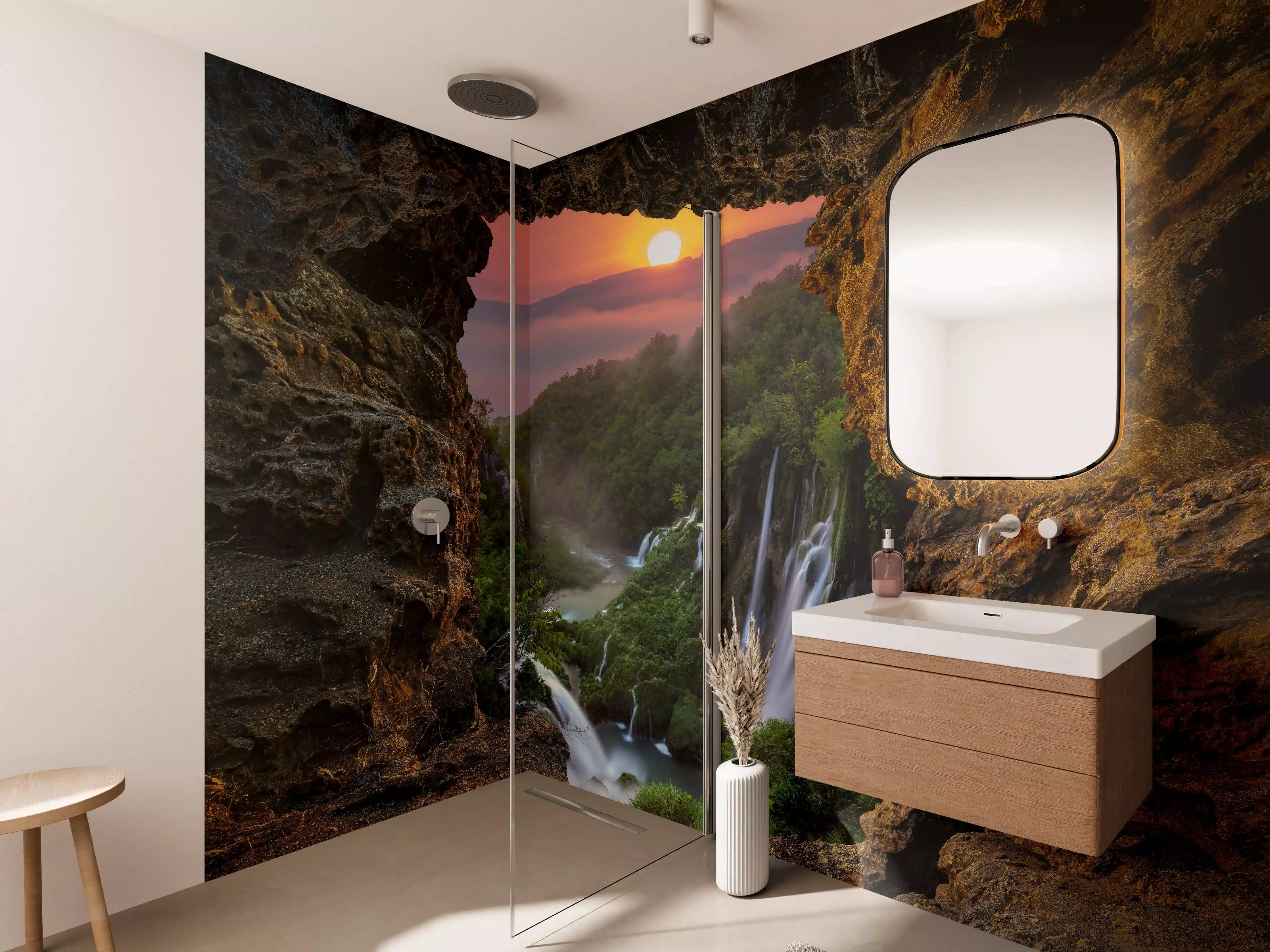 Wandverkleidung Bad - Wasserfall im Nationalpark Plitvicer Seen bei Sonnenuntergang