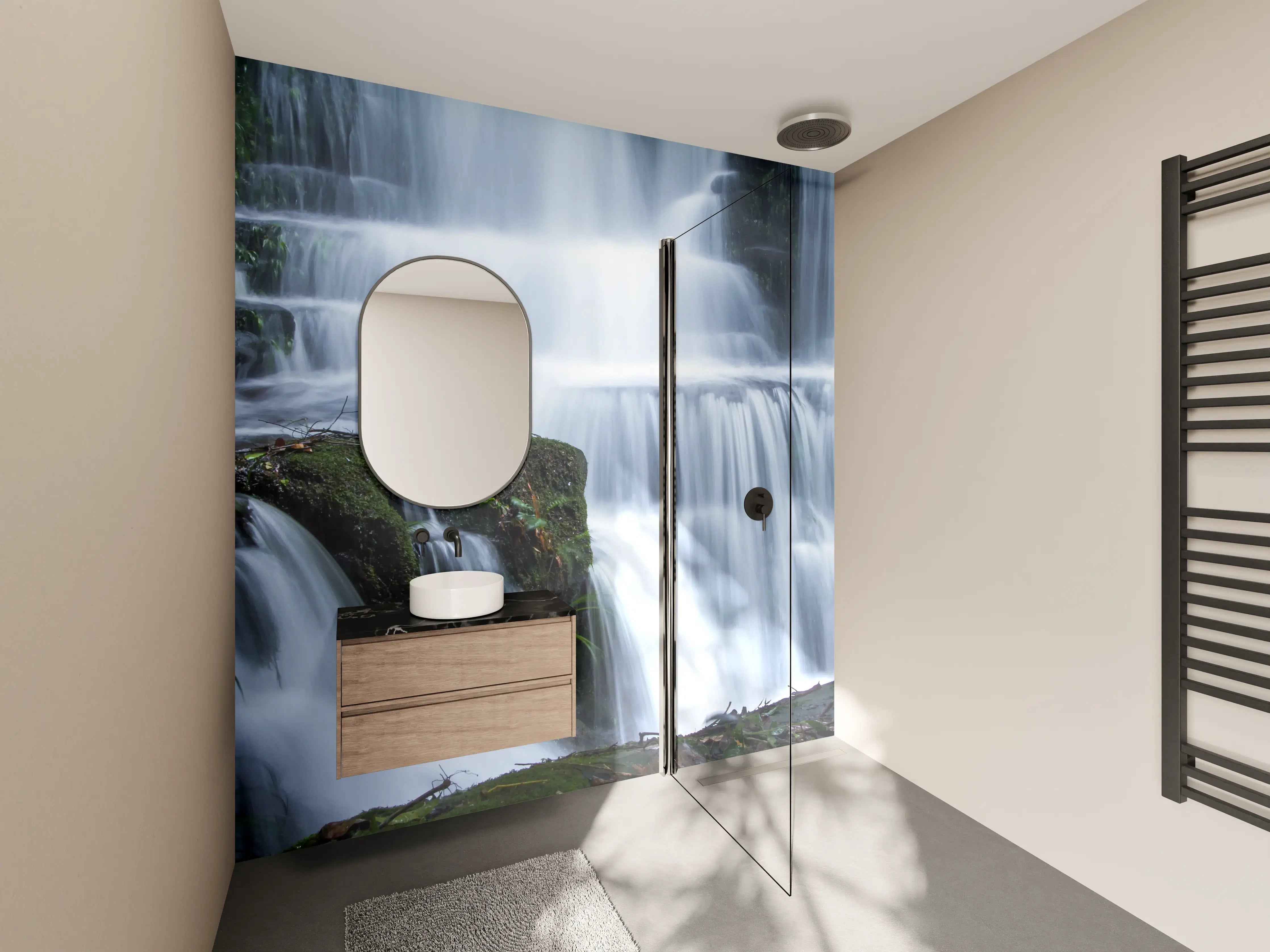 Wandverkleidung Bad - Wasserfall im Wald mit Felsen