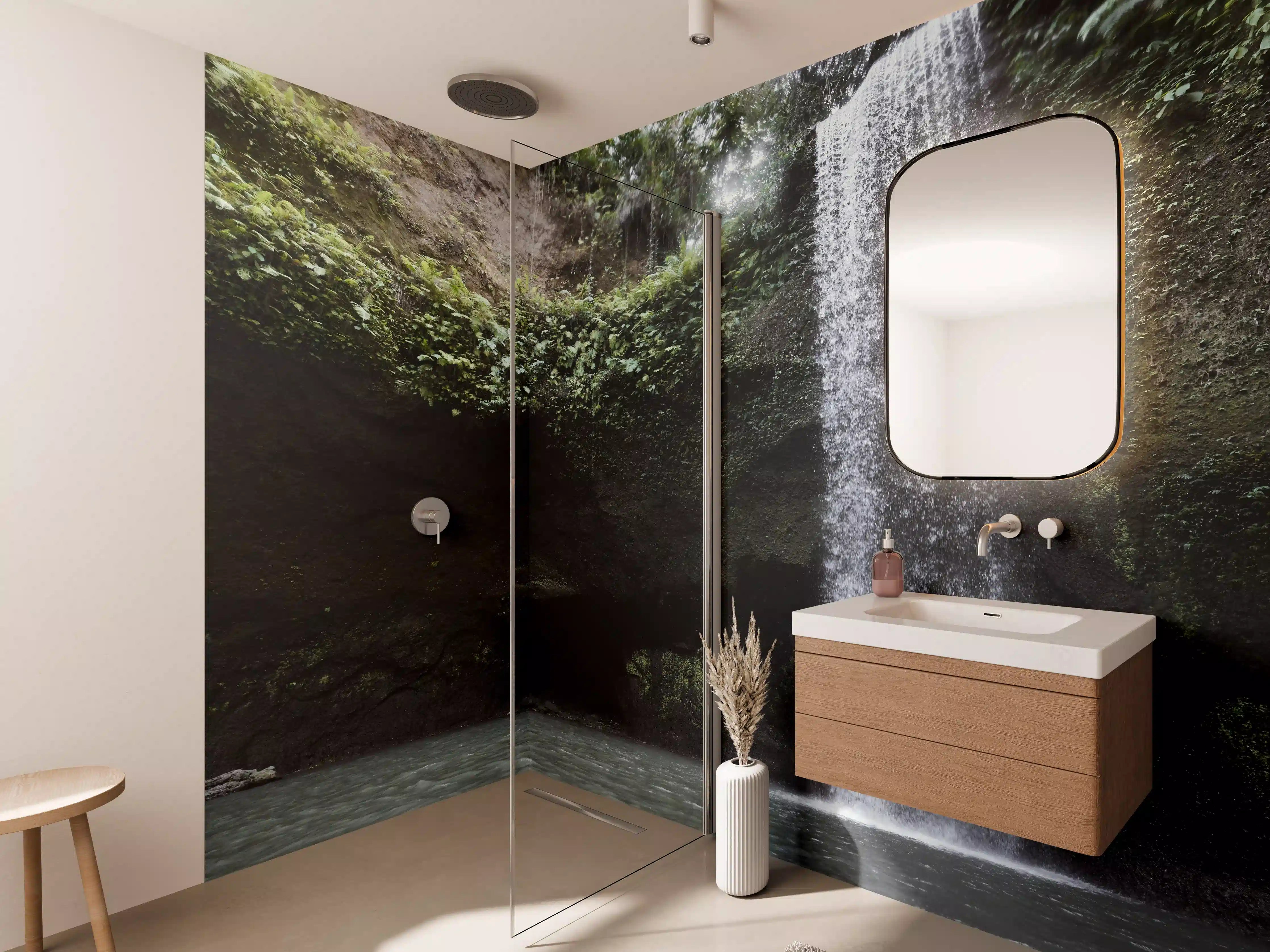 Wandverkleidung Bad - Wasserfall in Bali im Herbst