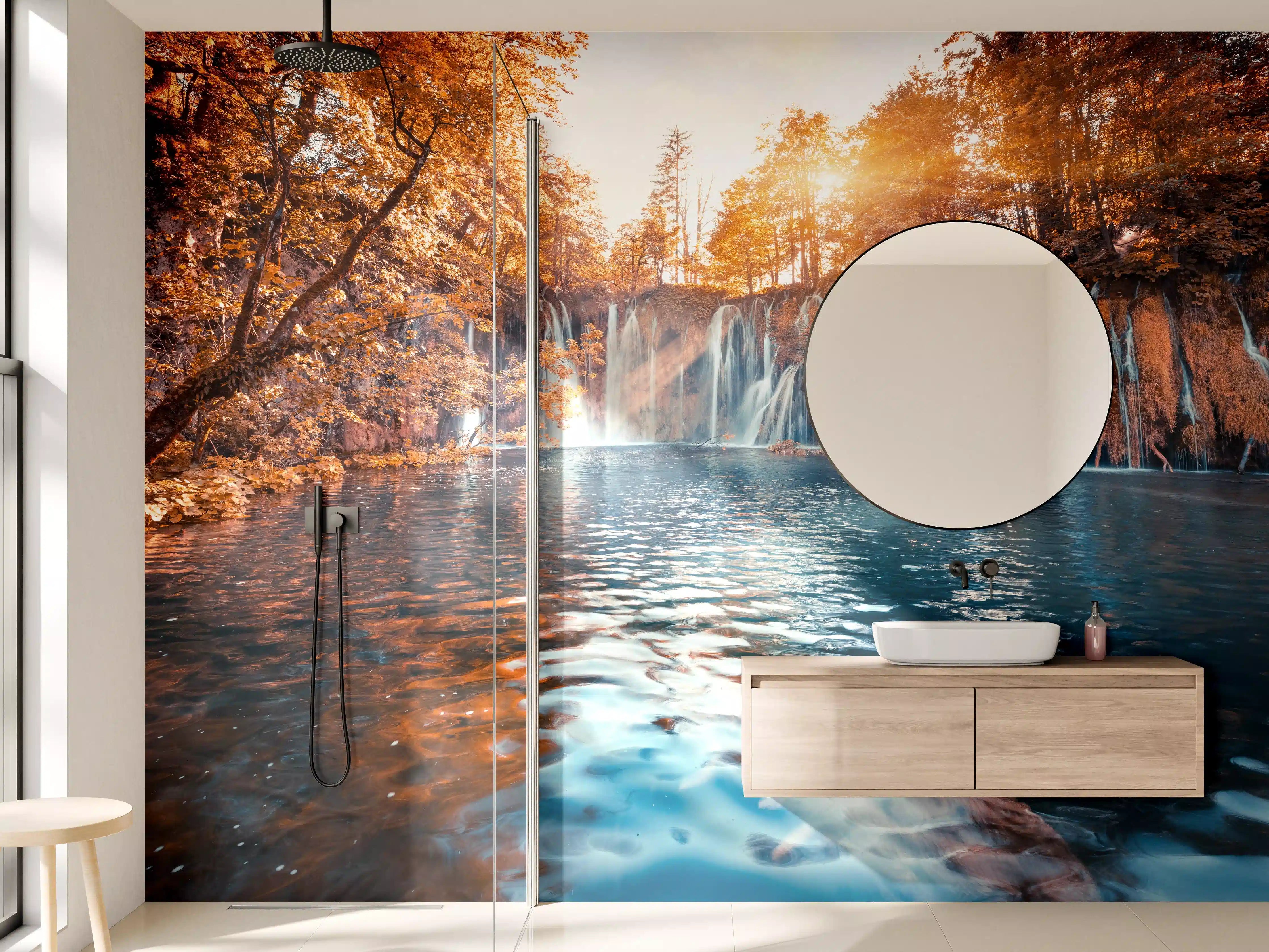 Wandverkleidung Bad - Wasserfall in Plitvice Nation bei Sonnenaufgang