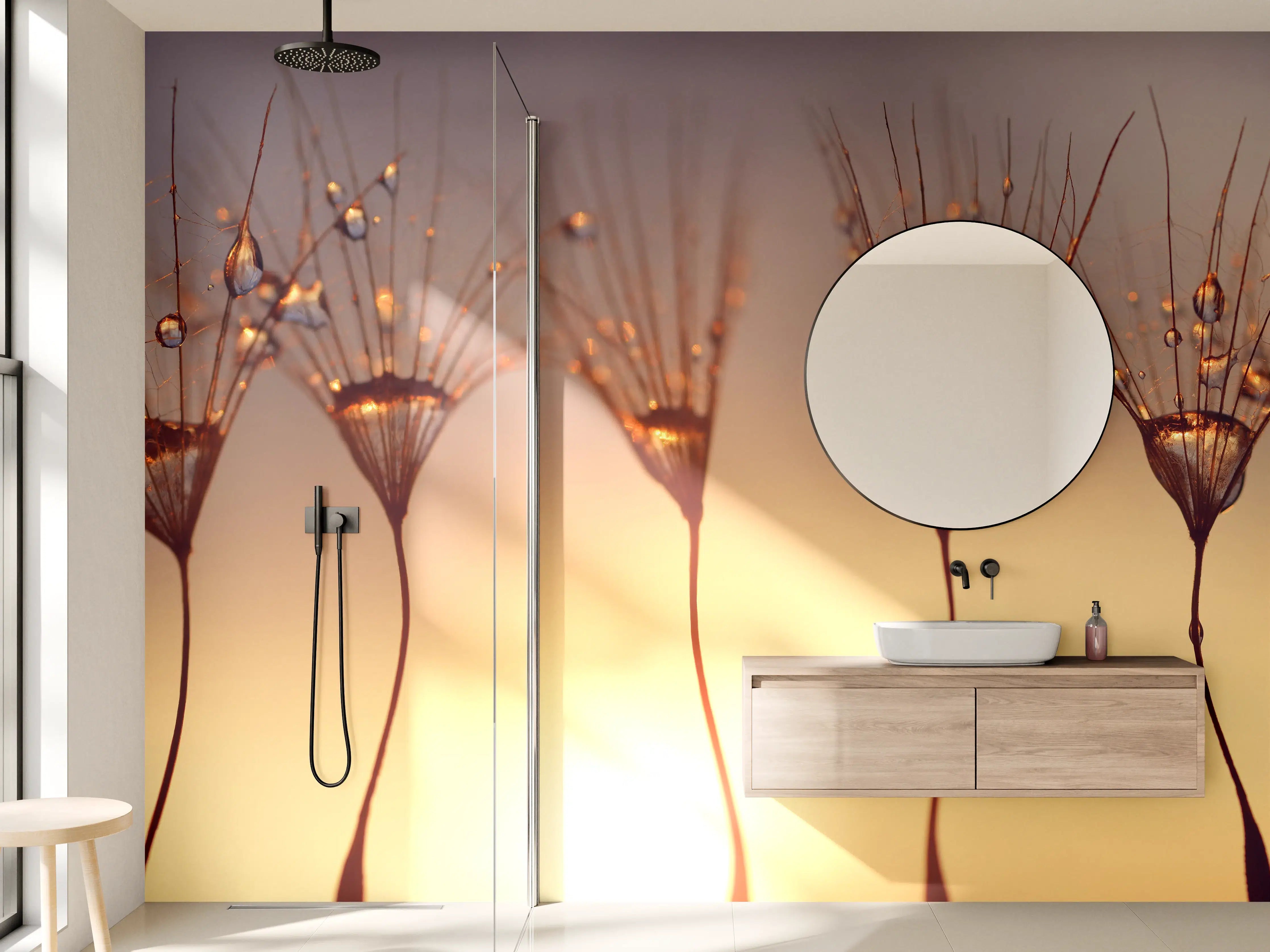 Wandverkleidung Bad - Wassertropfen auf Löwenzahnsamen