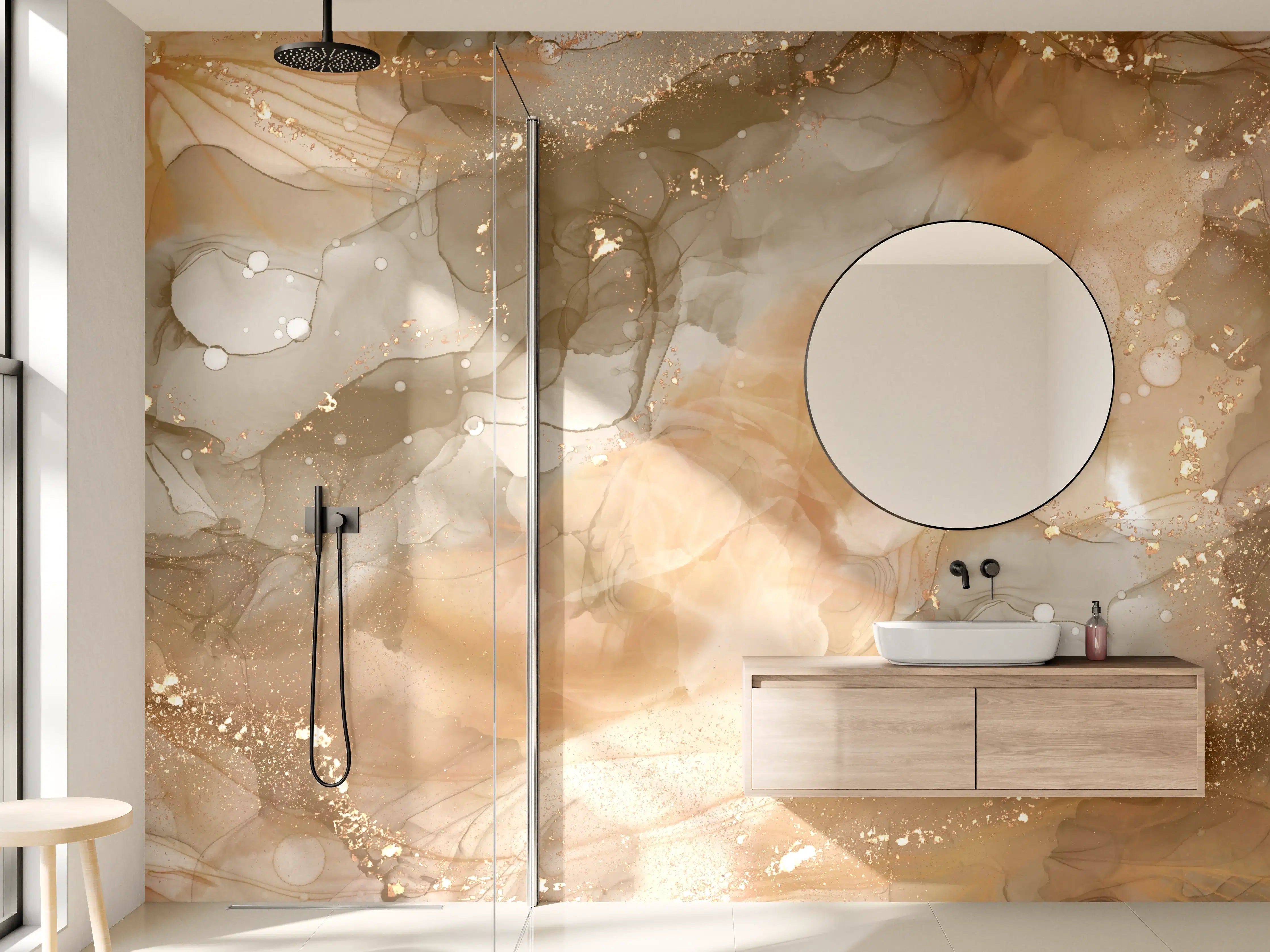 Wandverkleidung Bad - Weiche Beige-Graue Muster mit Goldakzenten