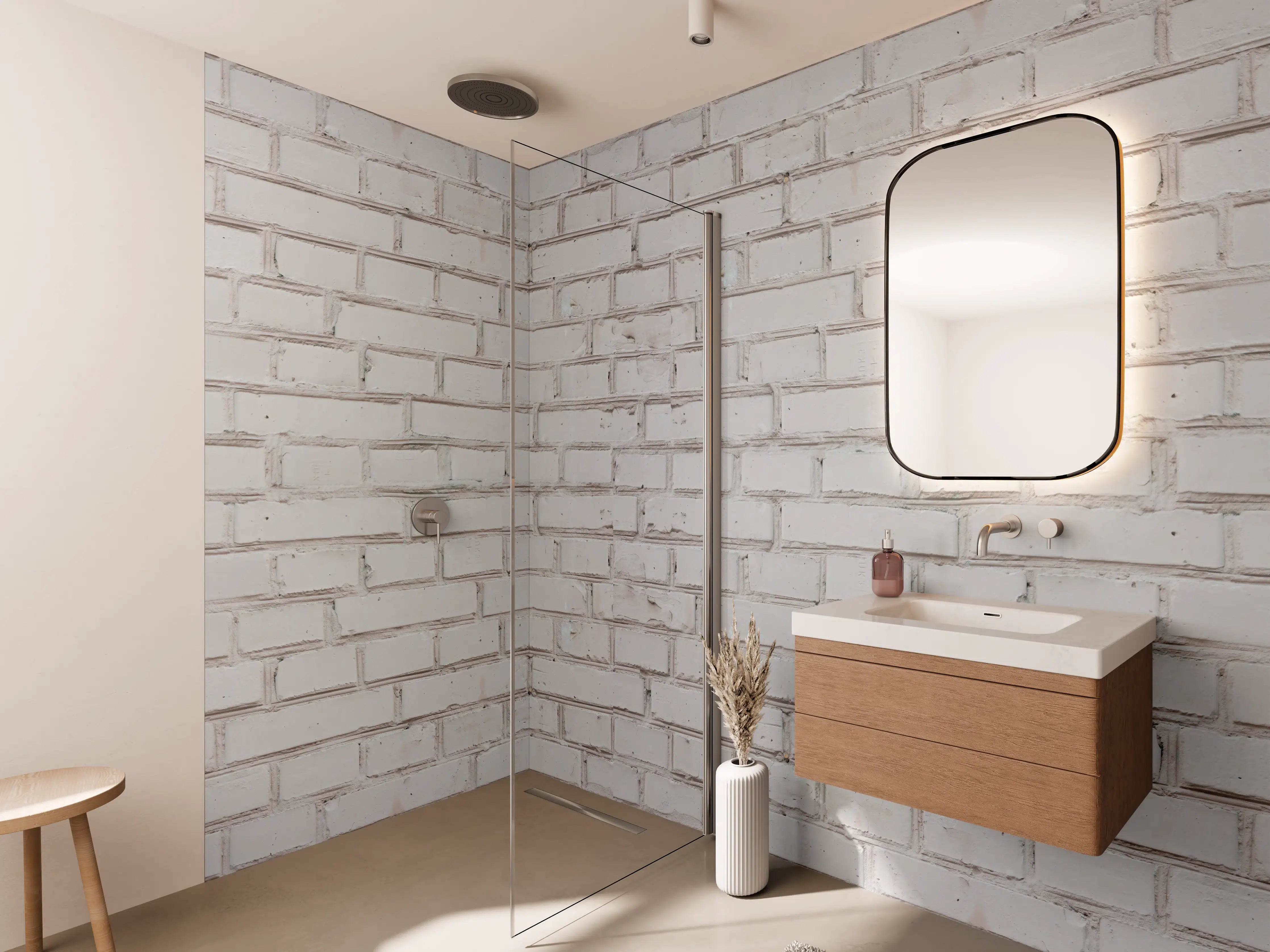 Wandverkleidung Bad - Weiß-Beige Ziegelsteinmauer
