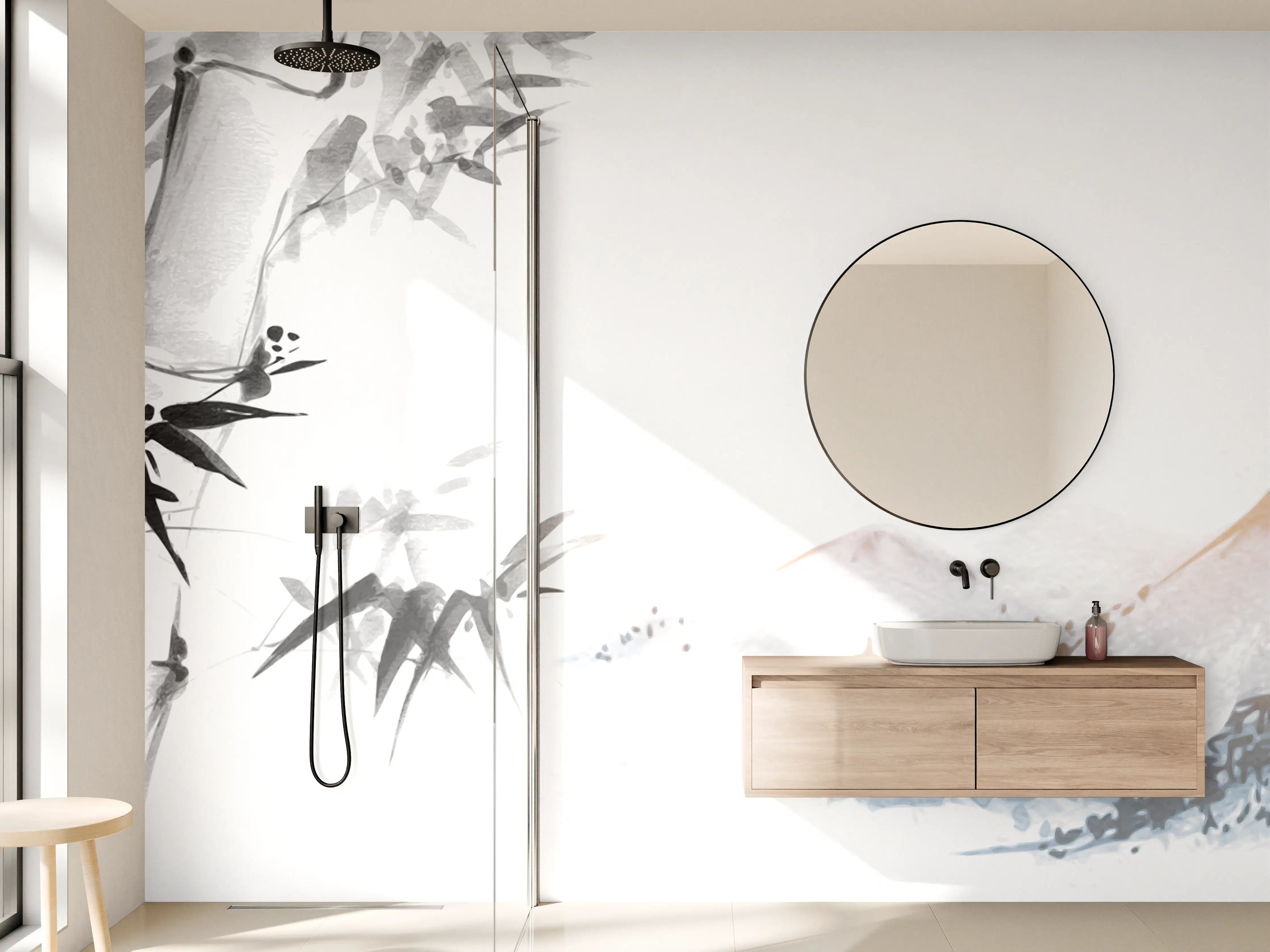 Wandverkleidung Bad - Weiß-Blau Bambus Bergmalerei