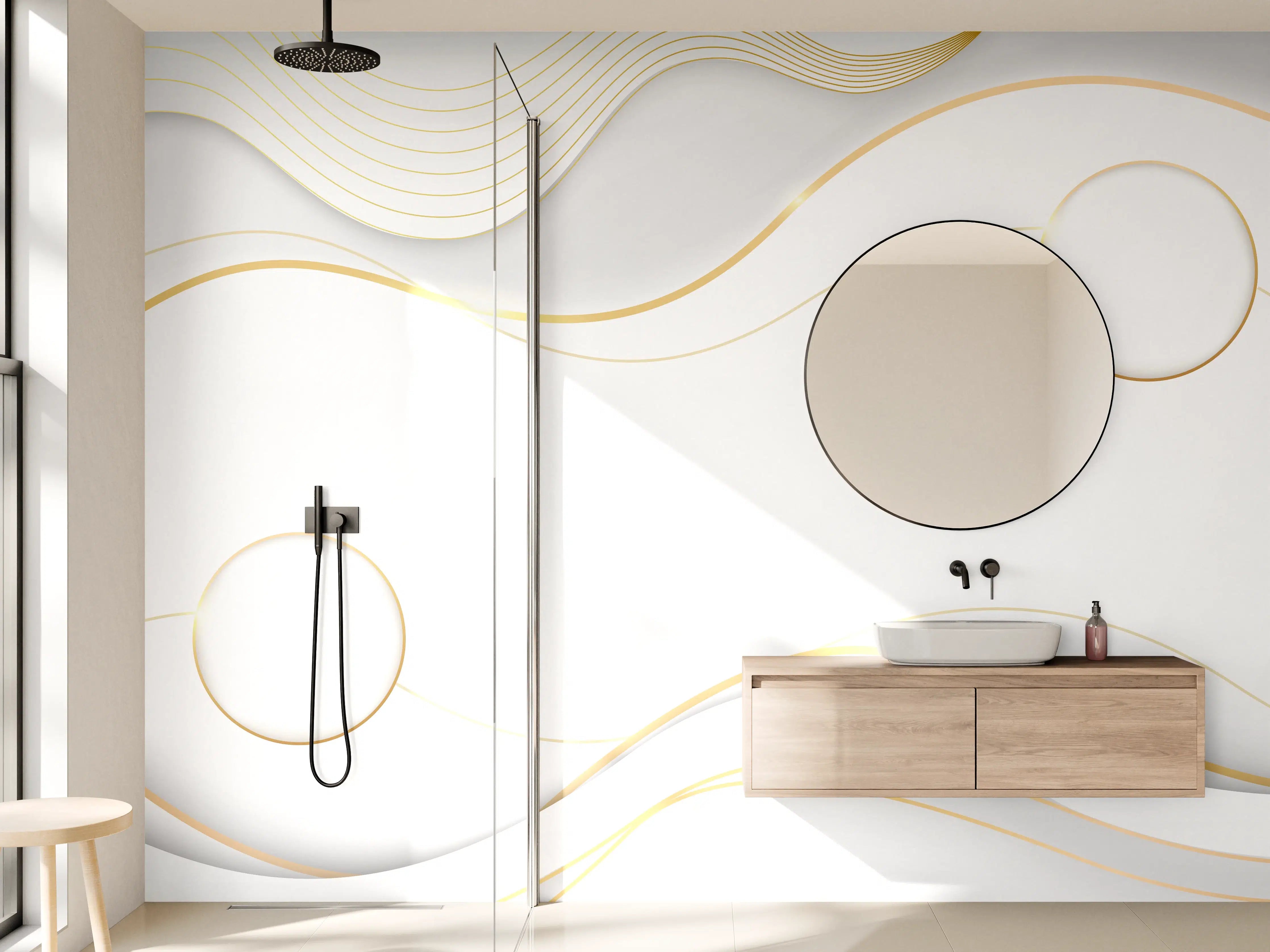 Wandverkleidung Bad - Weiß-Goldene Wellen Grafik