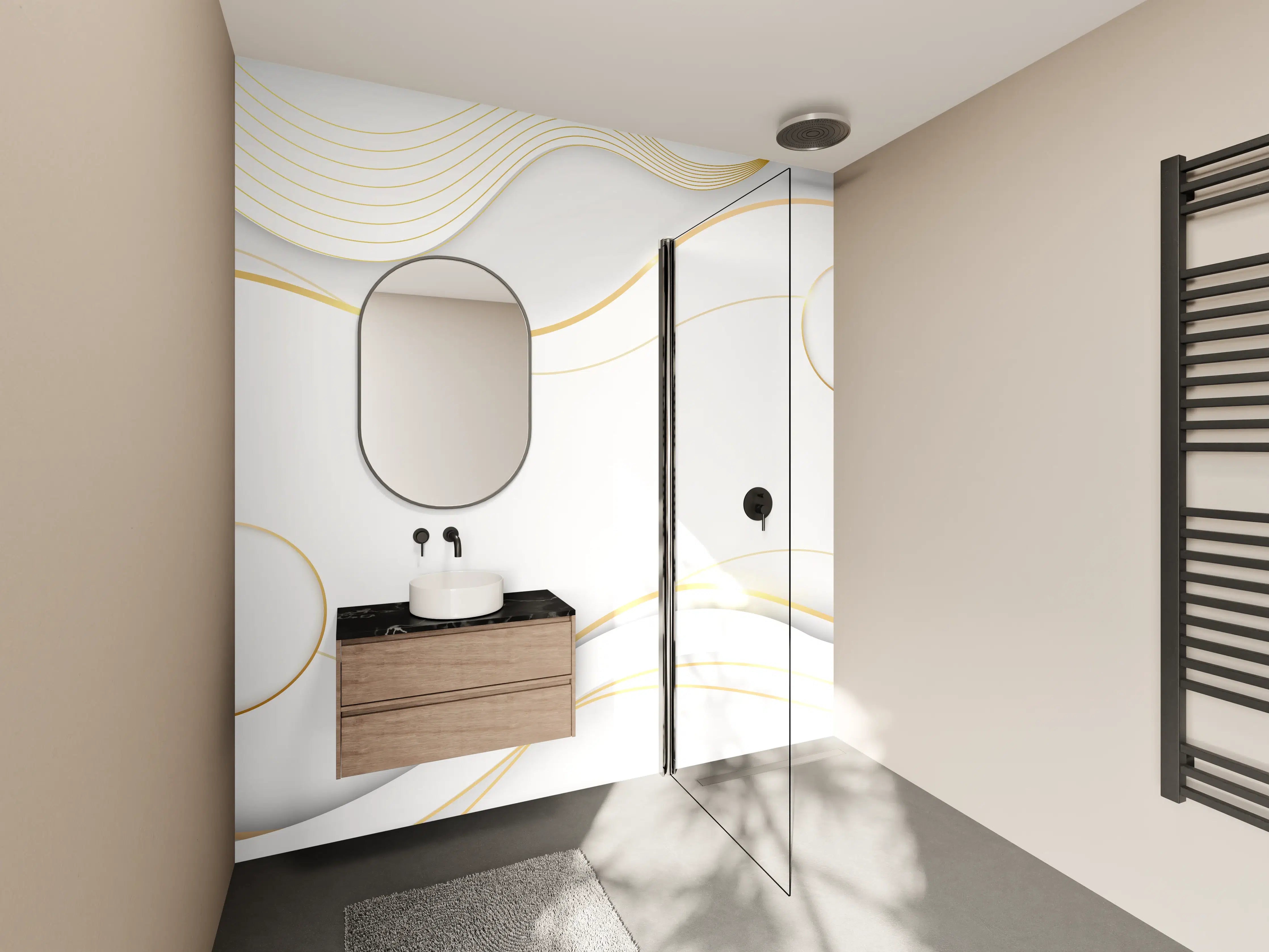 Wandverkleidung Bad - Weiß-Goldene Wellen Grafik