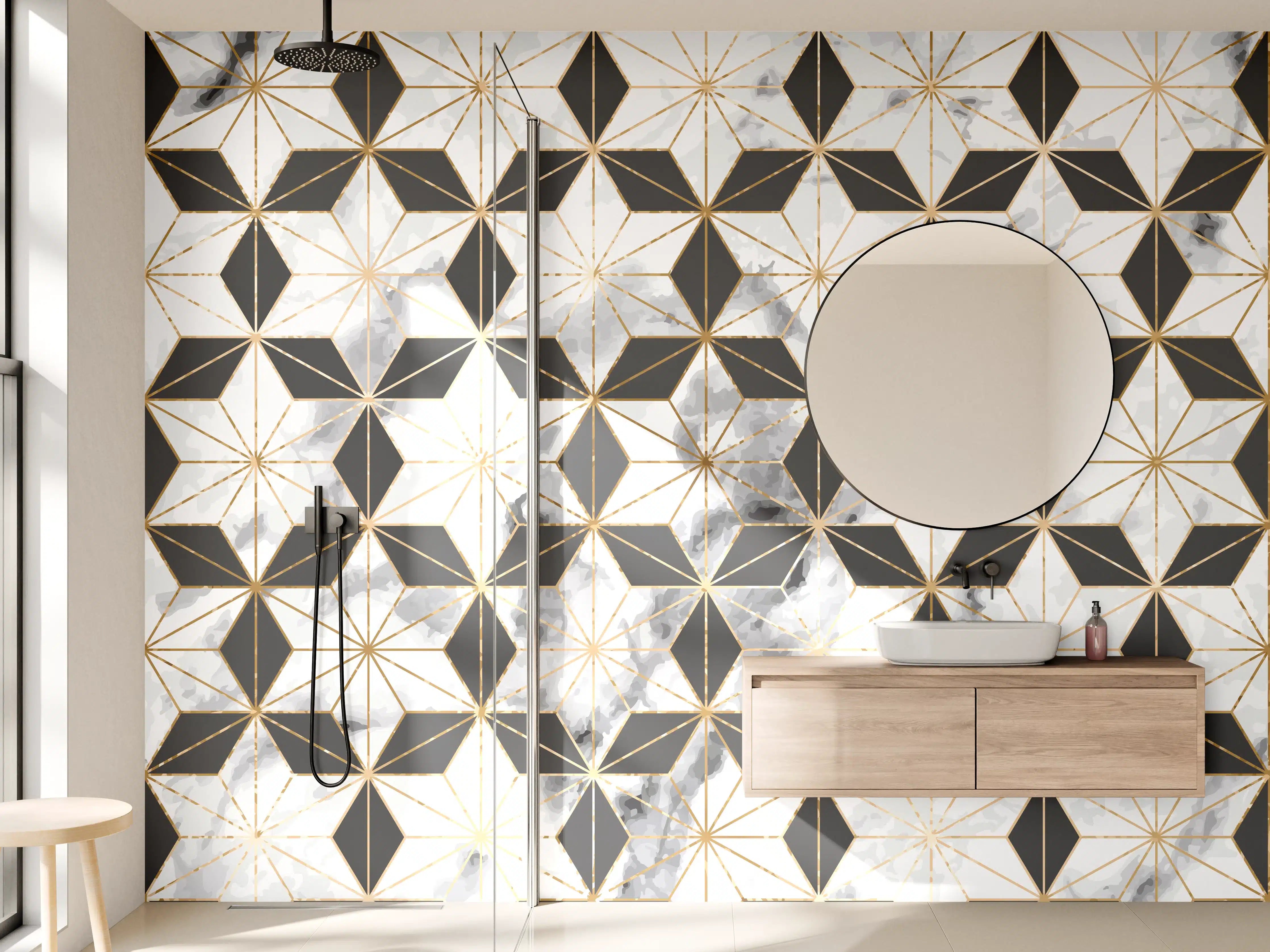 Wandverkleidung Bad - Weiß-Goldenes Musterdesign