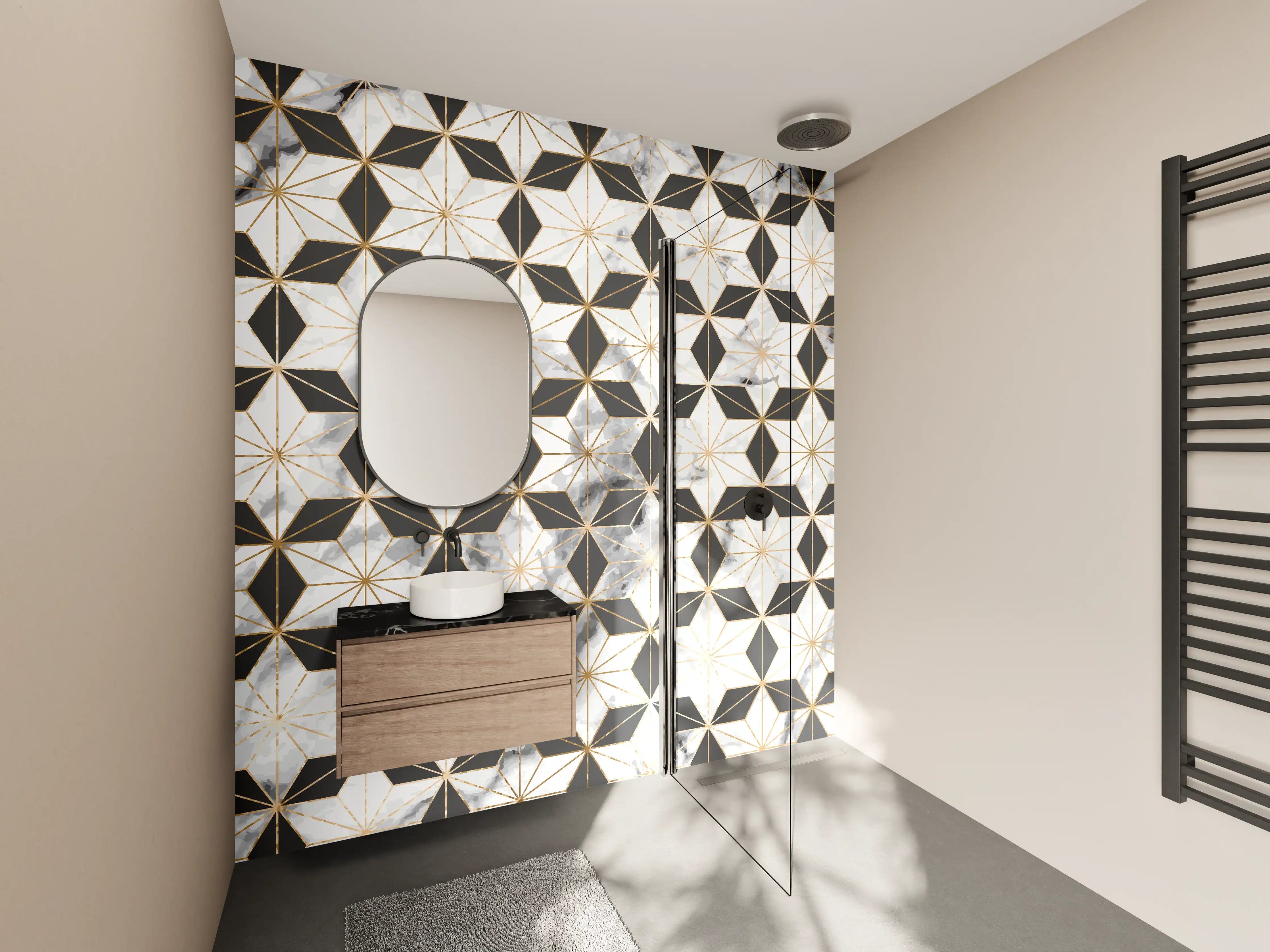 Wandverkleidung Bad - Weiß-Goldenes Musterdesign