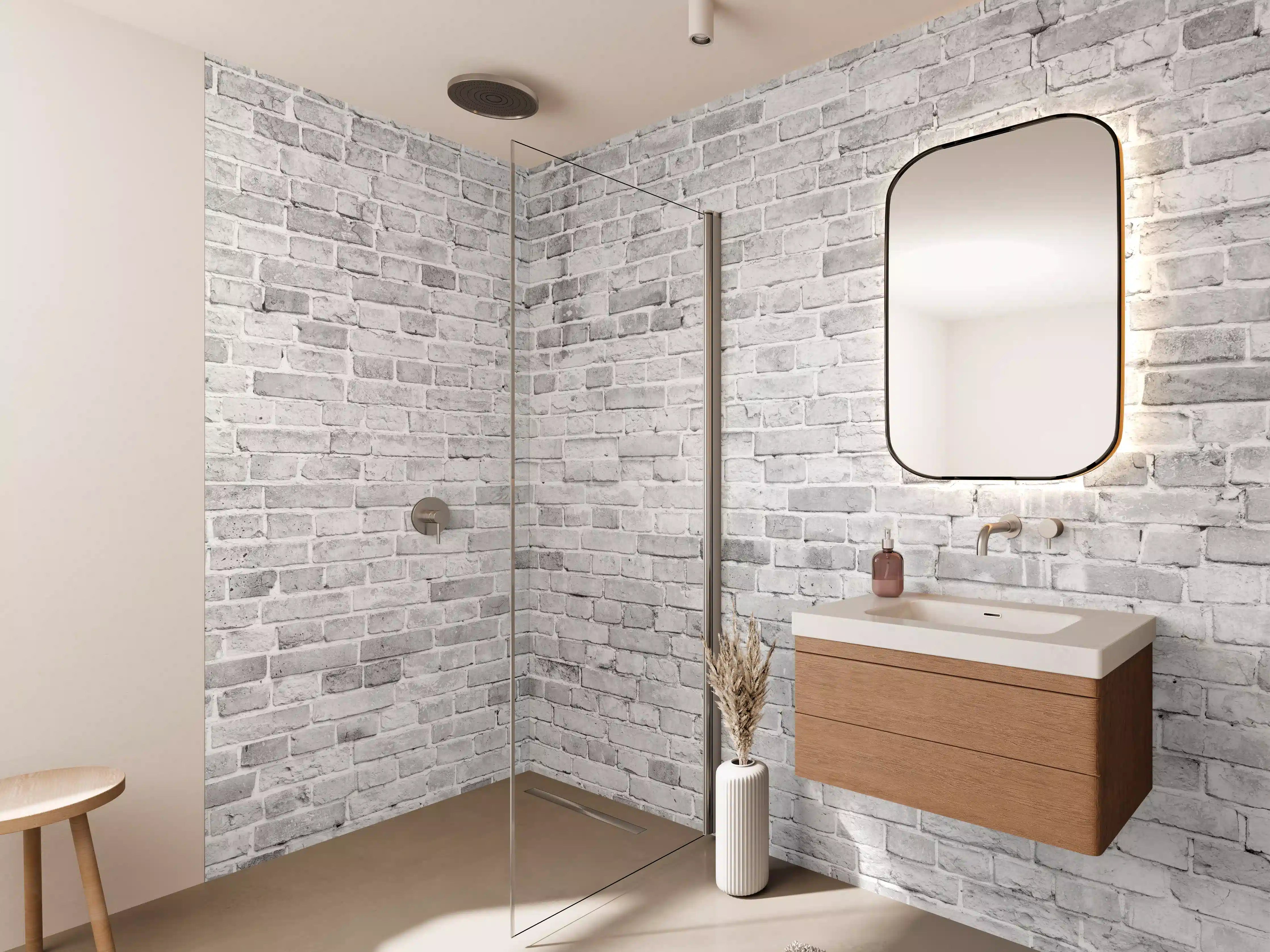 Wandverkleidung Bad - Weiß-Grau-Ziegeltextur