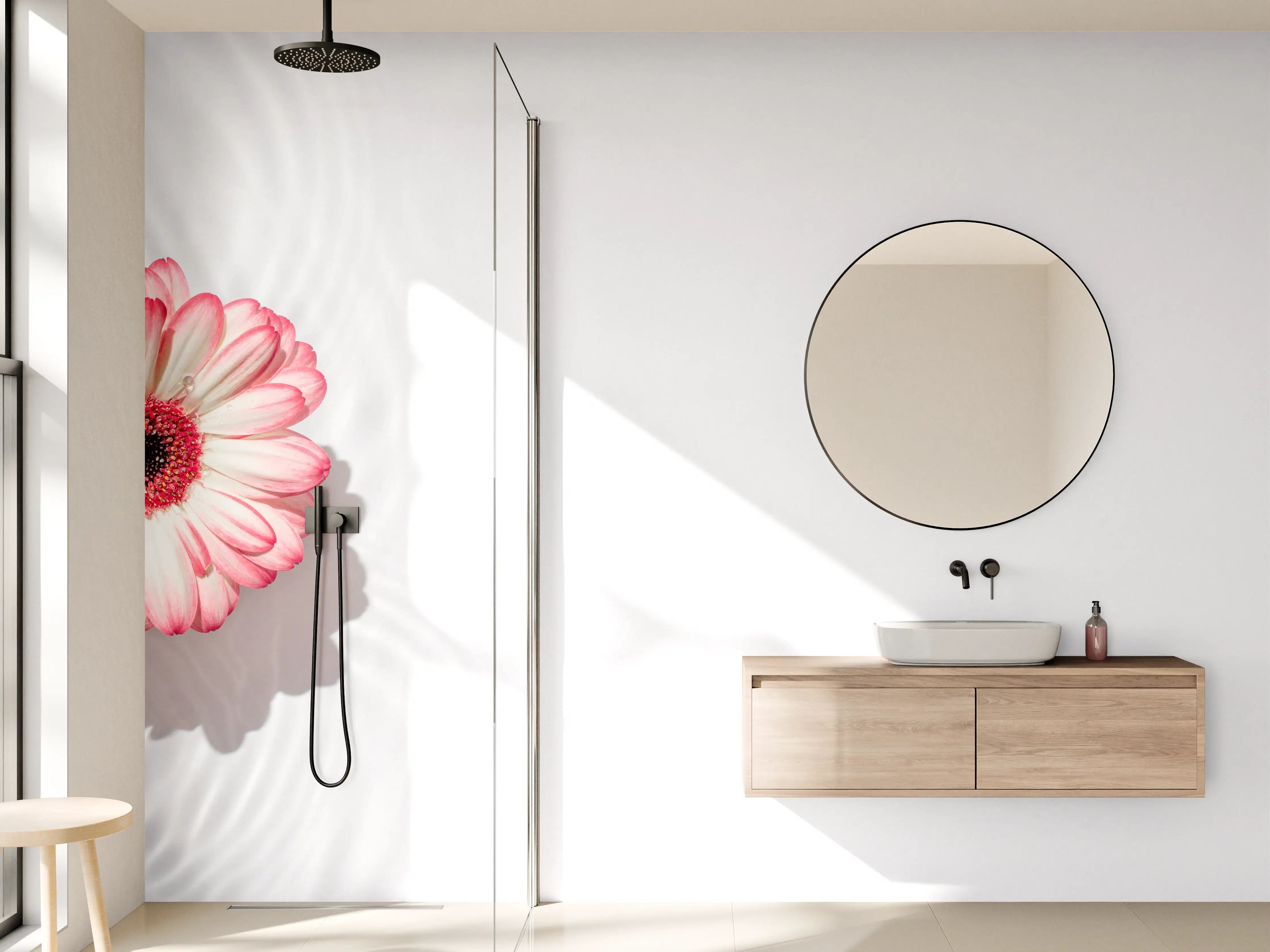 Wandverkleidung Bad - Weiß-Grau mit Rosa Gerbera