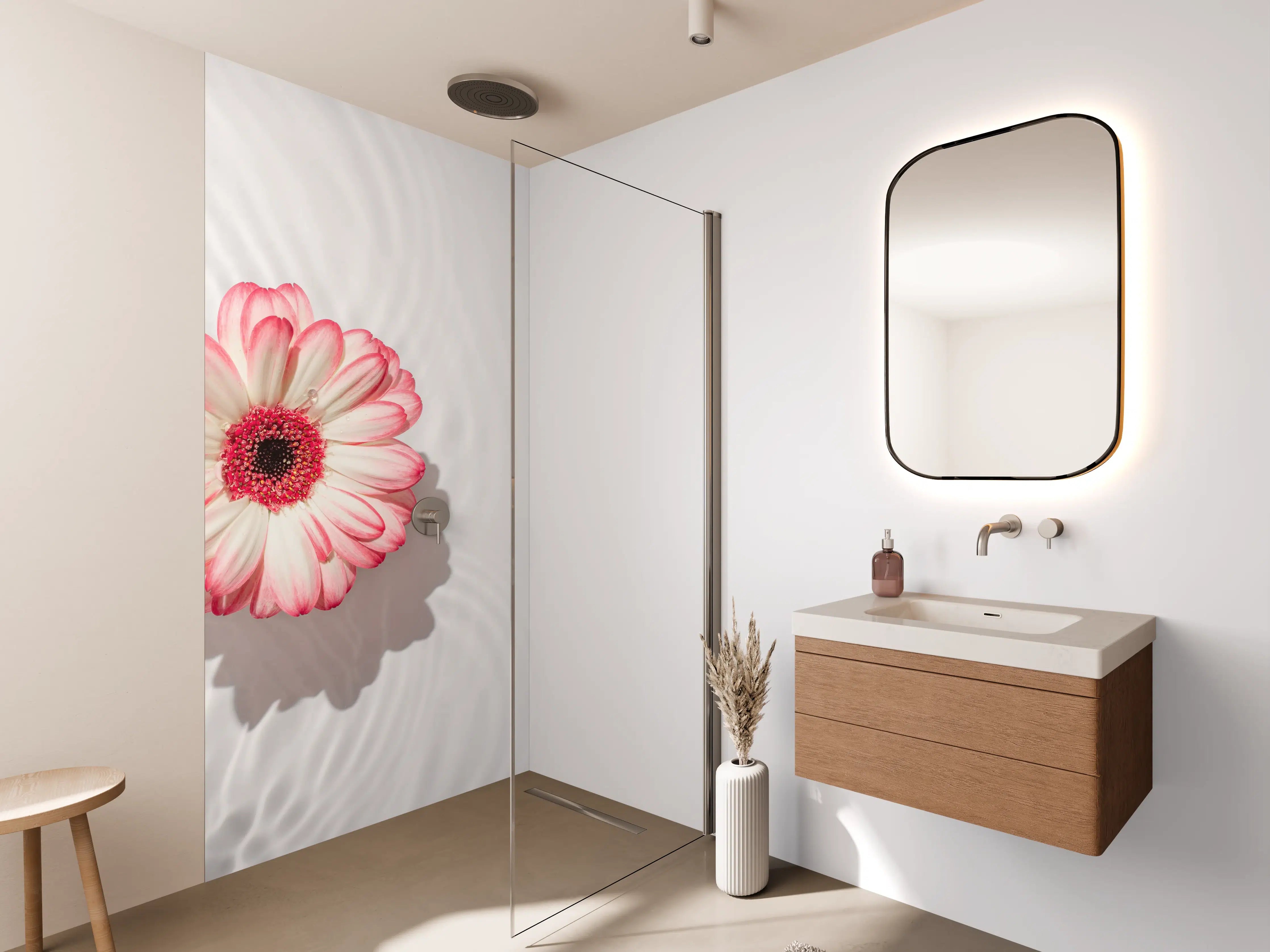 Wandverkleidung Bad - Weiß-Grau mit Rosa Gerbera