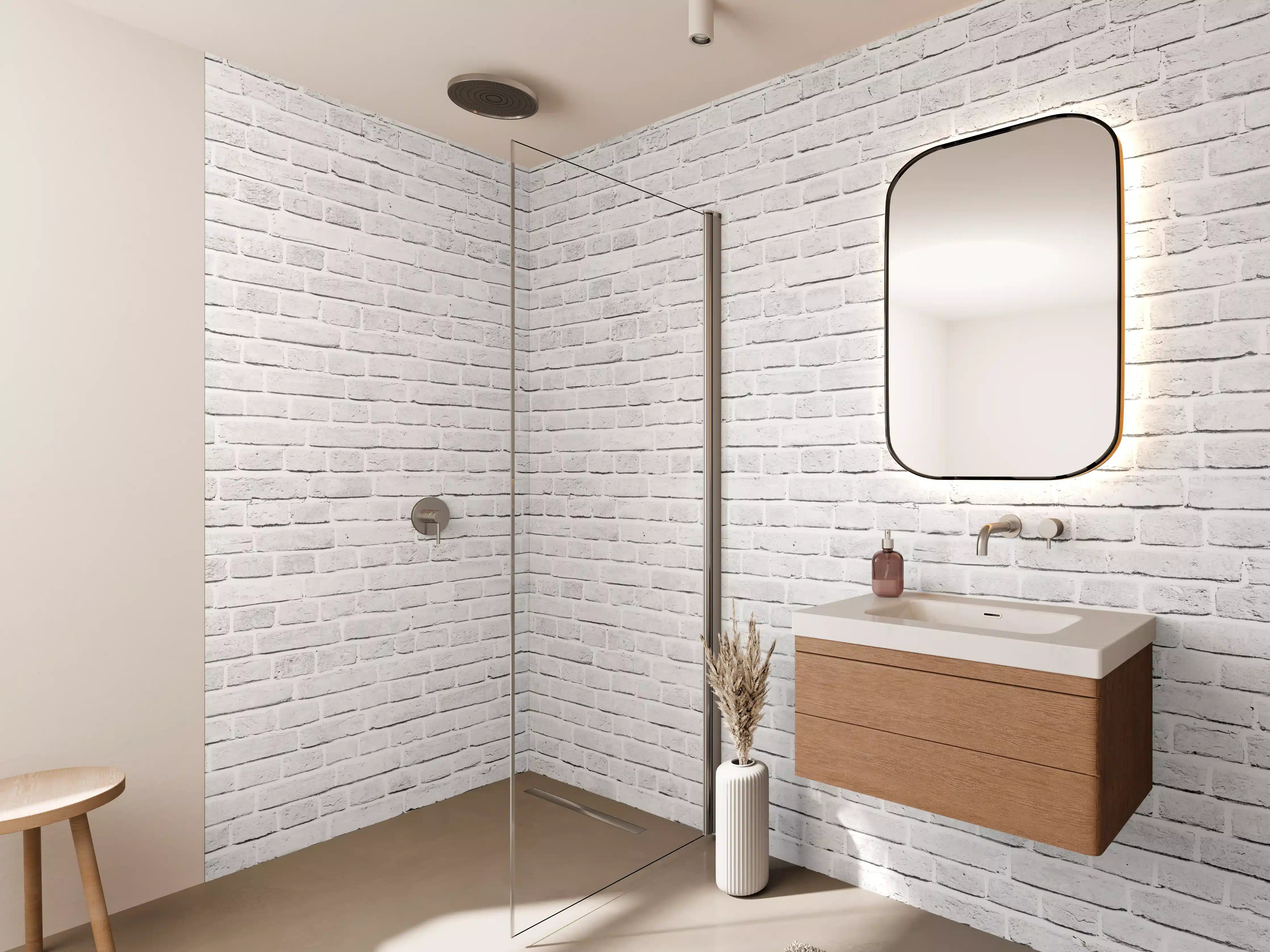 Wandverkleidung Bad - Weiß-Graue Backsteinmauer