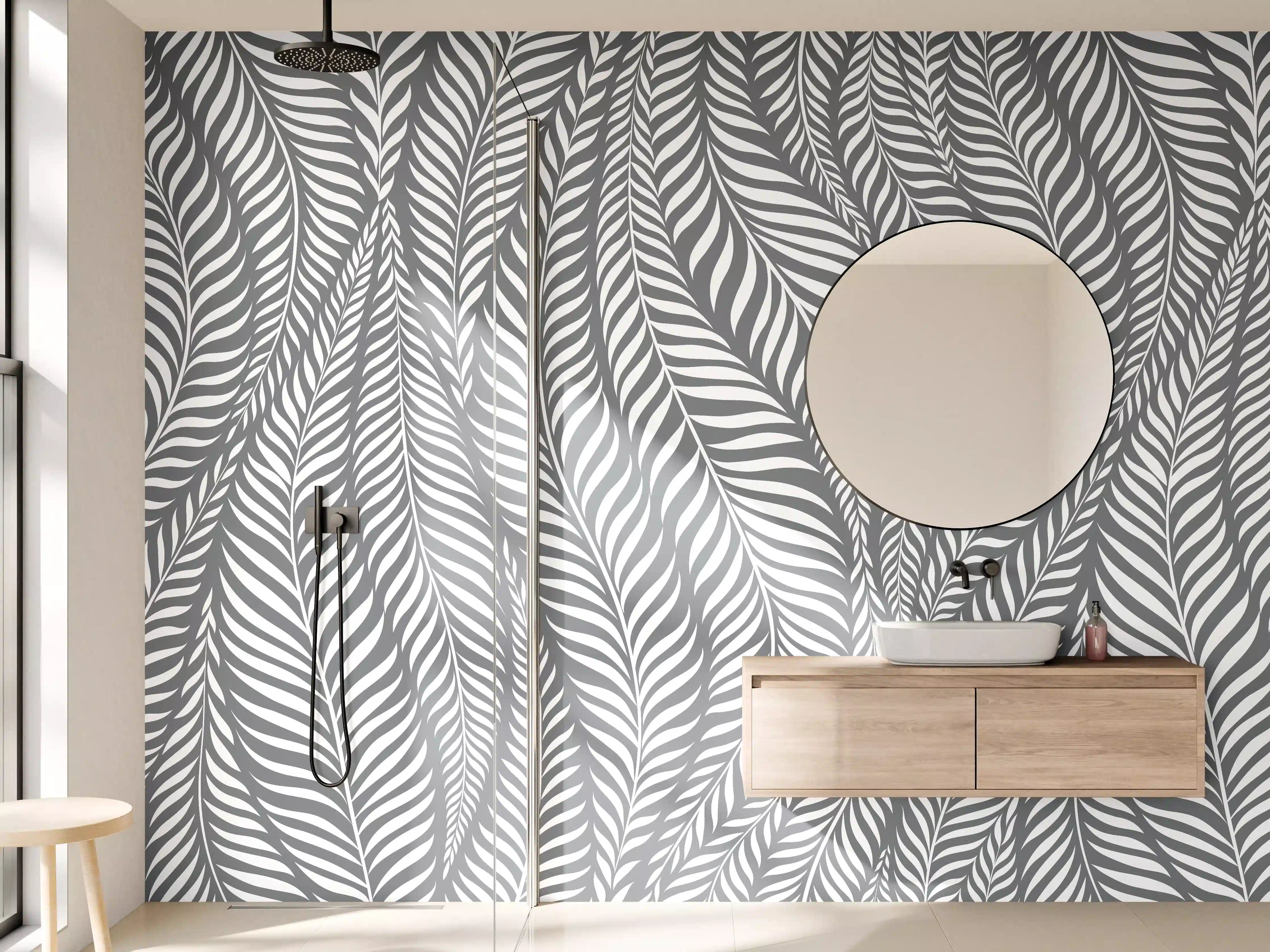 Wandverkleidung Bad - Weiße Blättermuster mit grauen Linien