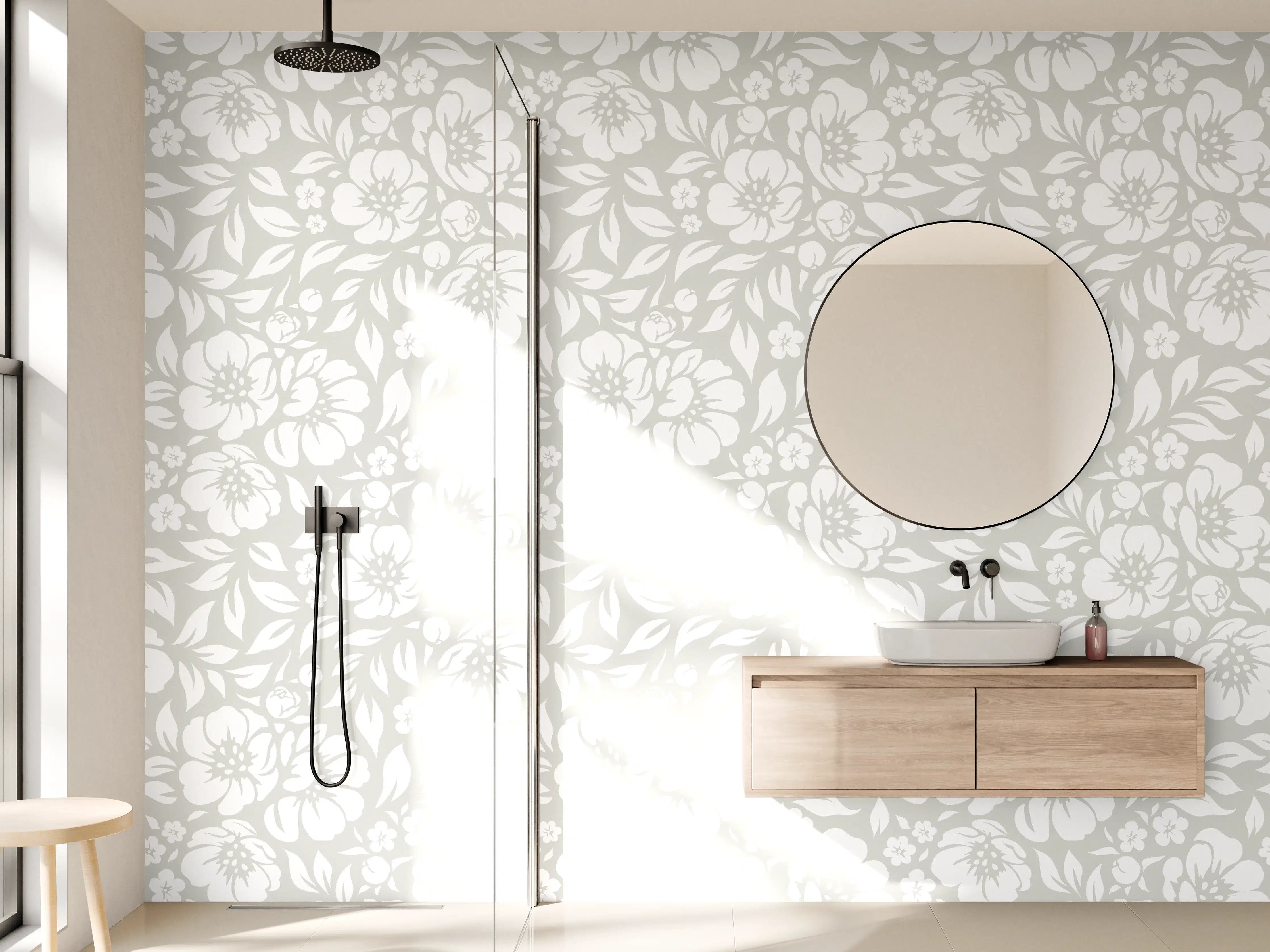Wandverkleidung Bad - Weiße Blütenmuster mit dezentem Grau