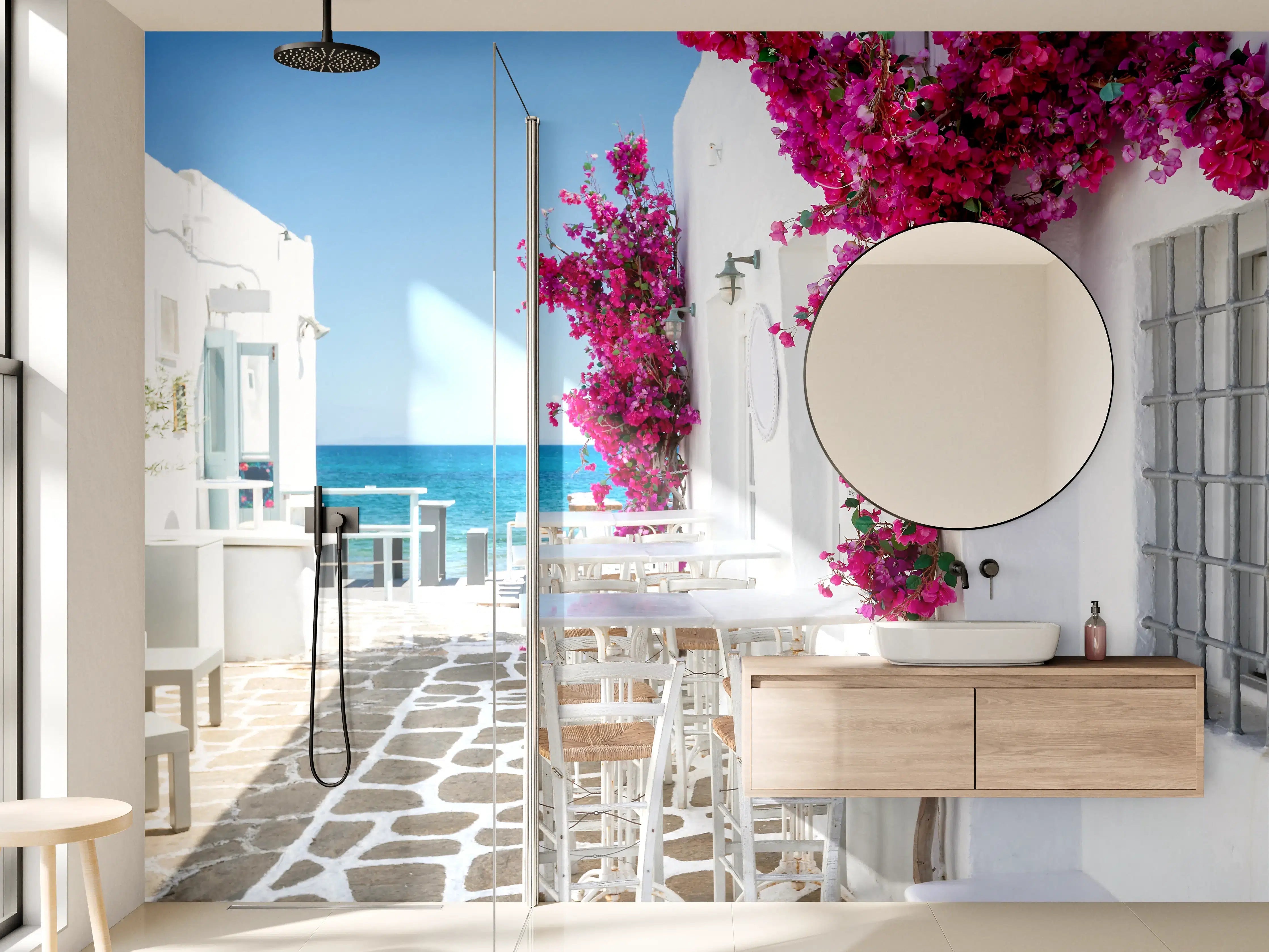 Wandverkleidung Bad - Weiße Gasse mit Oleander Blumen in Mykonos