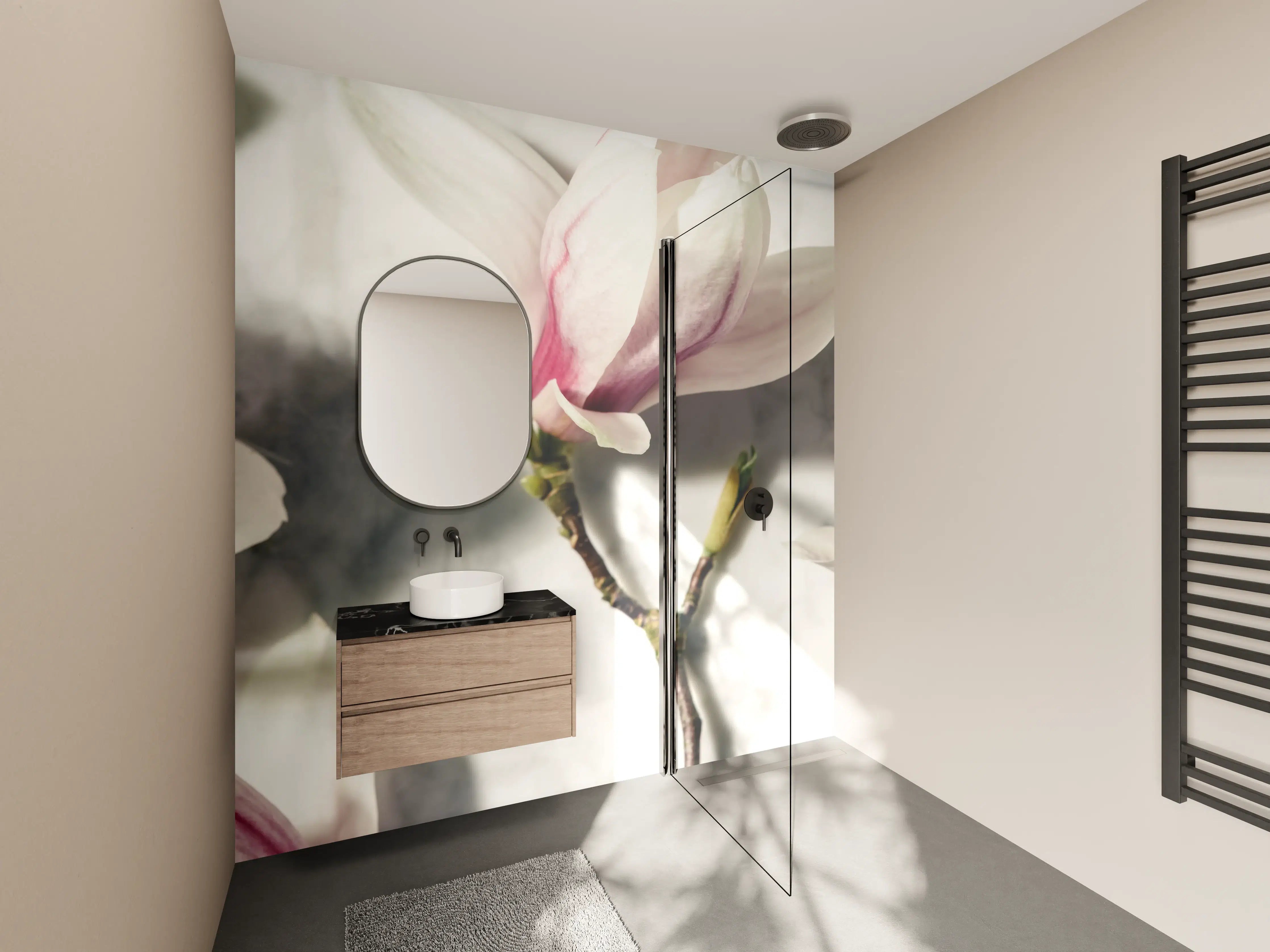 Wandverkleidung Bad - Weiße Magnolien mit rosa Akzenten