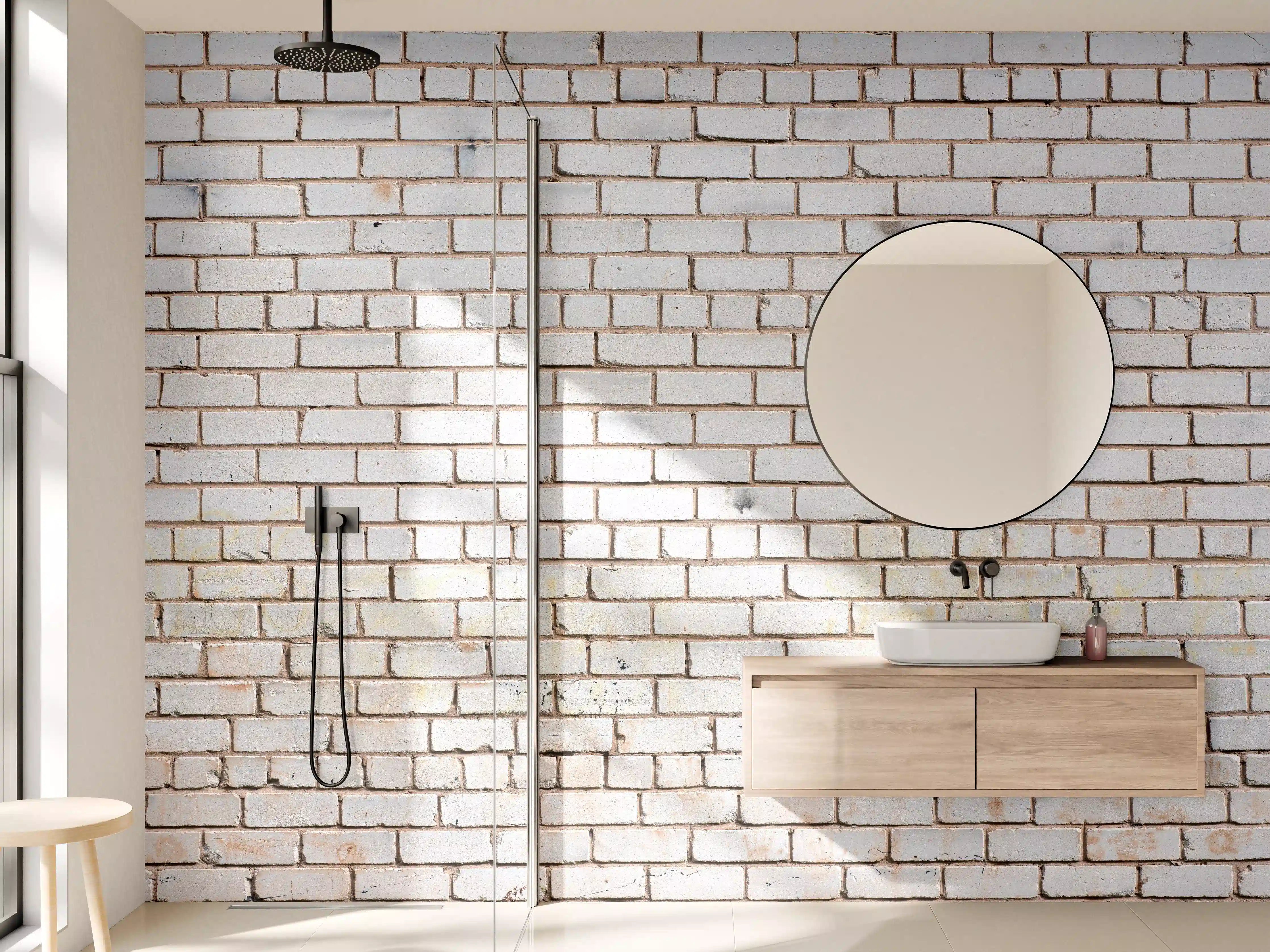 Wandverkleidung Bad - Weiße Ziegelwand mit zarten Grautönen - realistische Textur