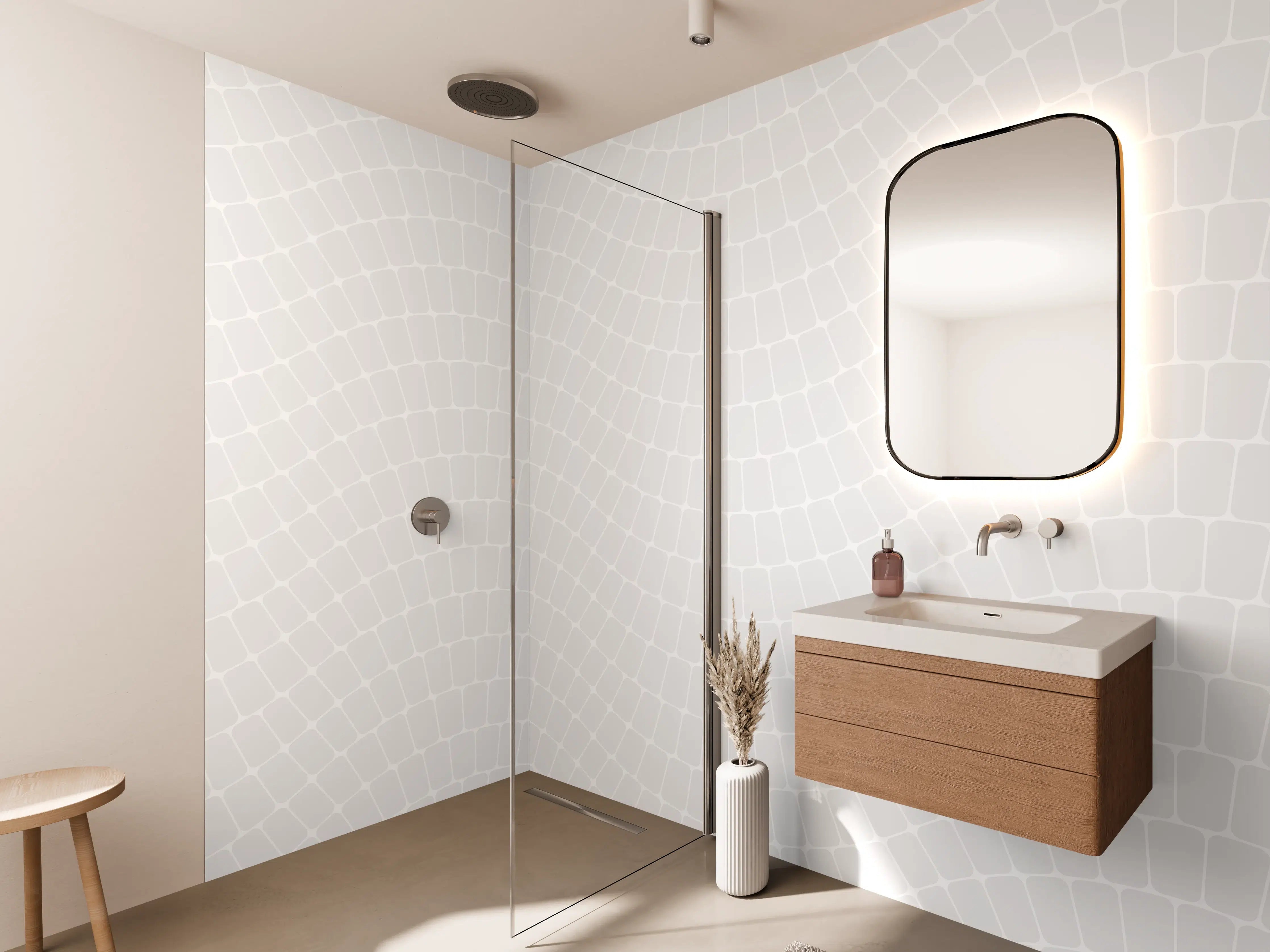 Wandverkleidung Bad - Weiße dezente Wand mit subtiler Musterung