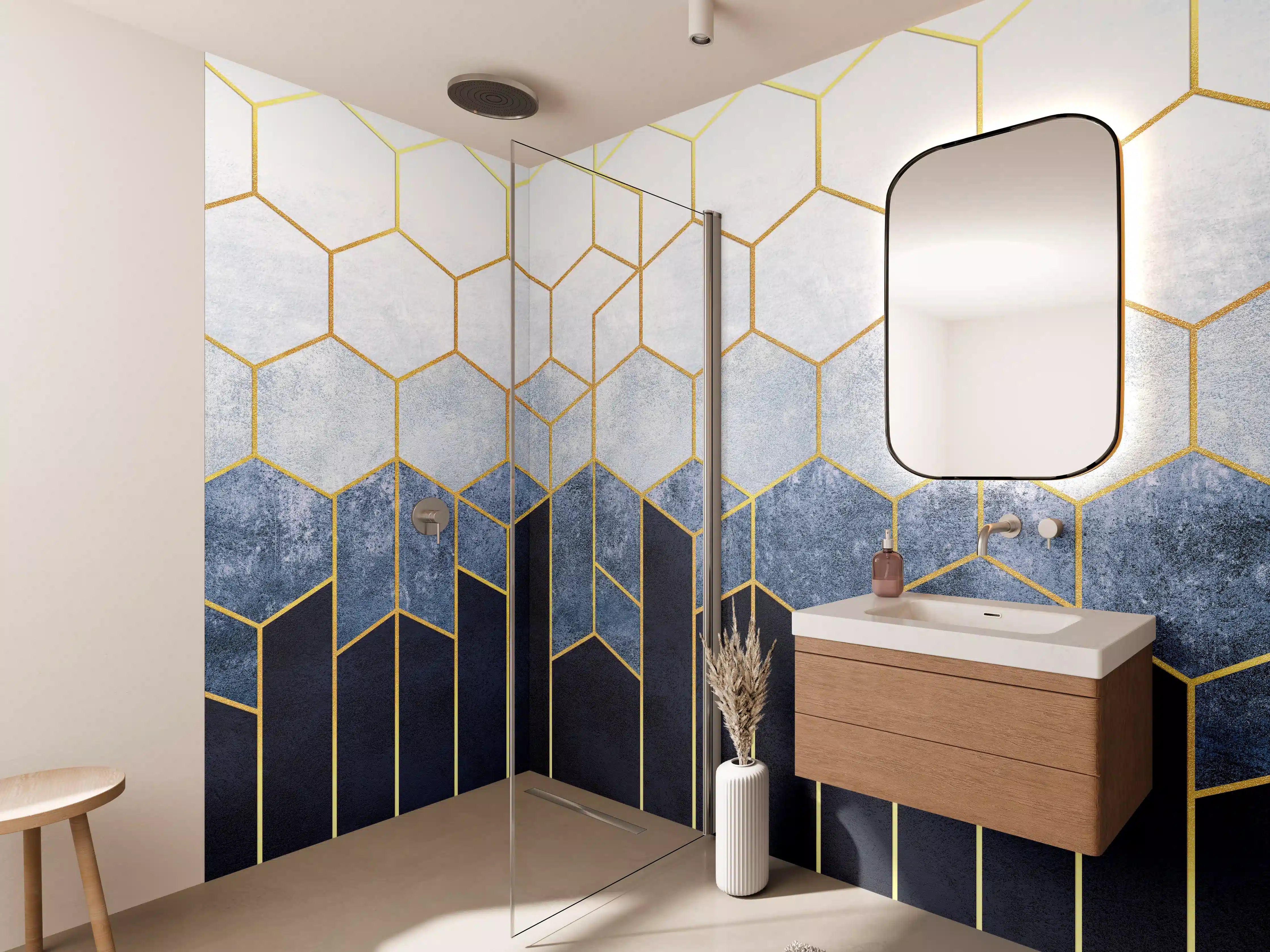 Wandverkleidung Bad - Weiße und blaue Marmorwand mit goldenen Linien