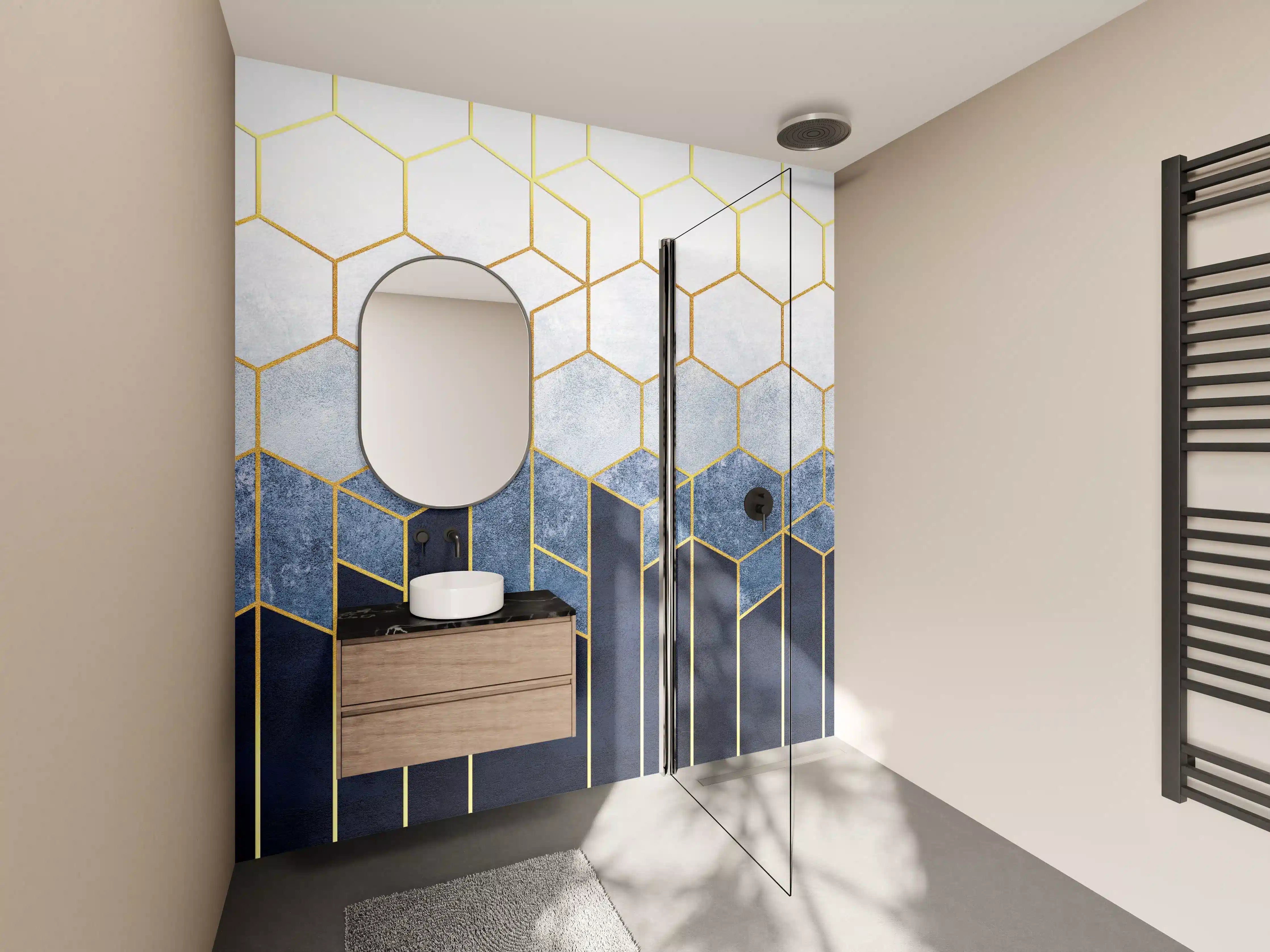 Wandverkleidung Bad - Weiße und blaue Marmorwand mit goldenen Linien