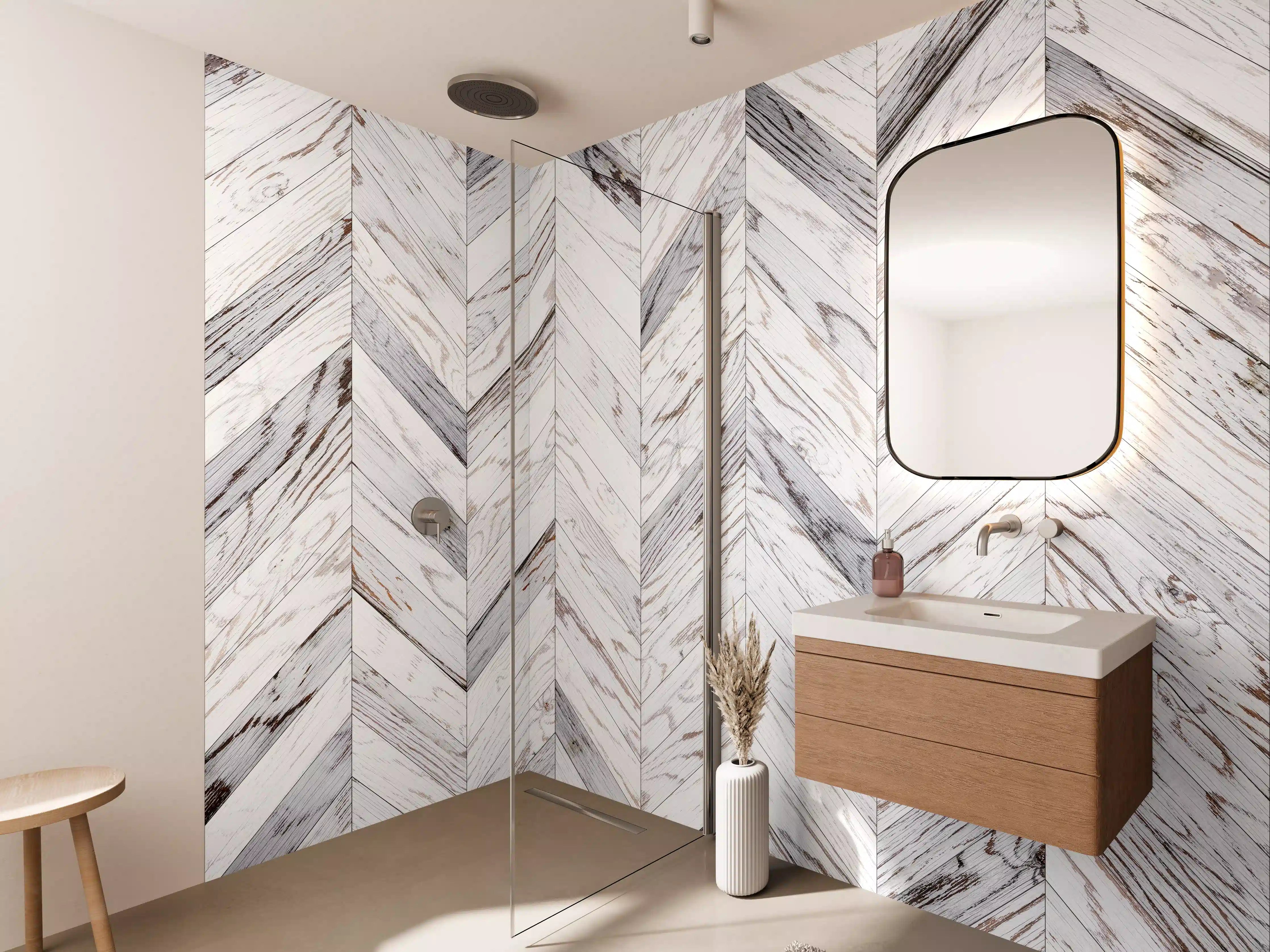 Wandverkleidung Bad - Weißer Chevron - Holzoptik