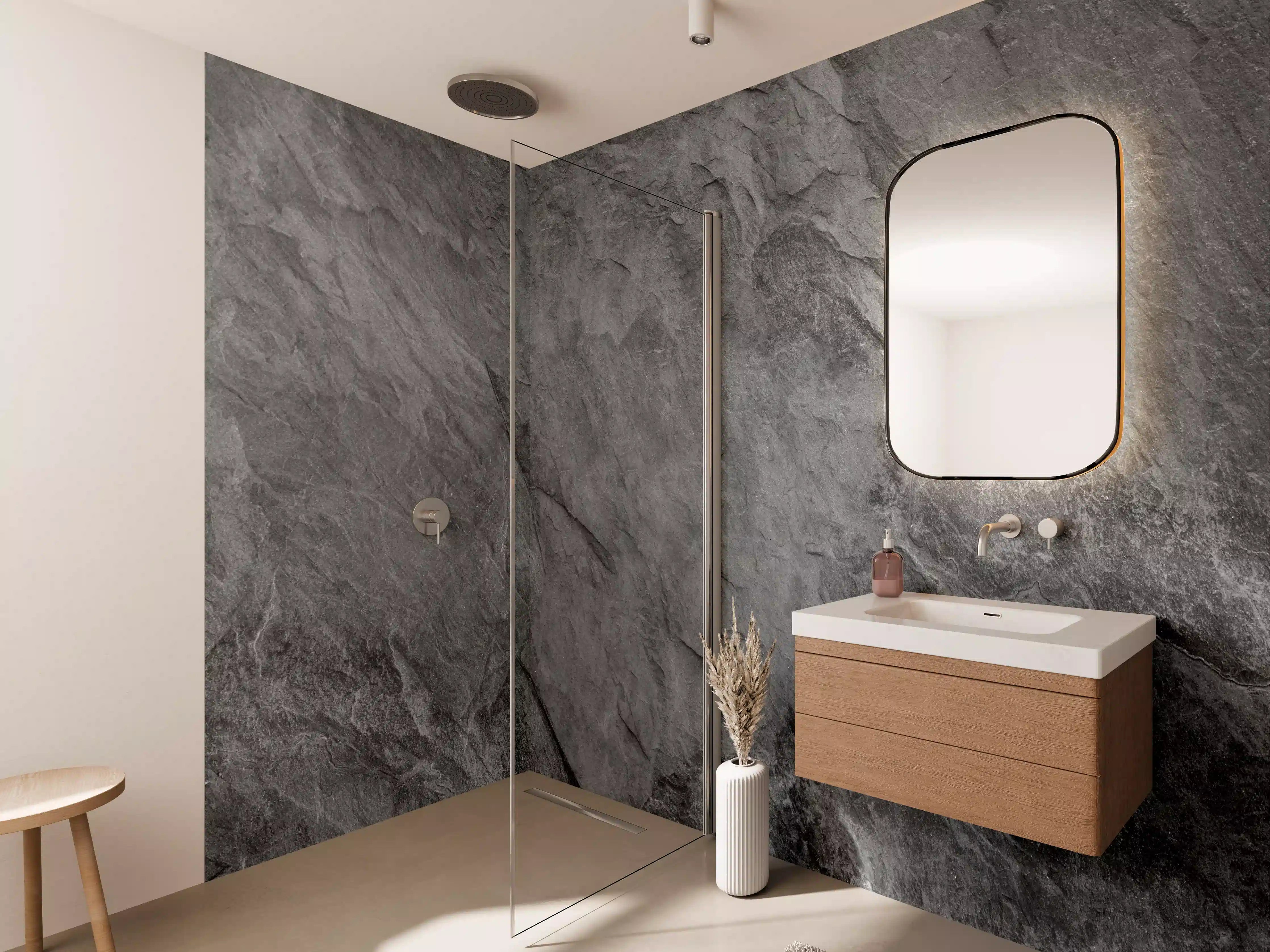 Wandverkleidung Bad - Weißer Graustein mit feiner Textur