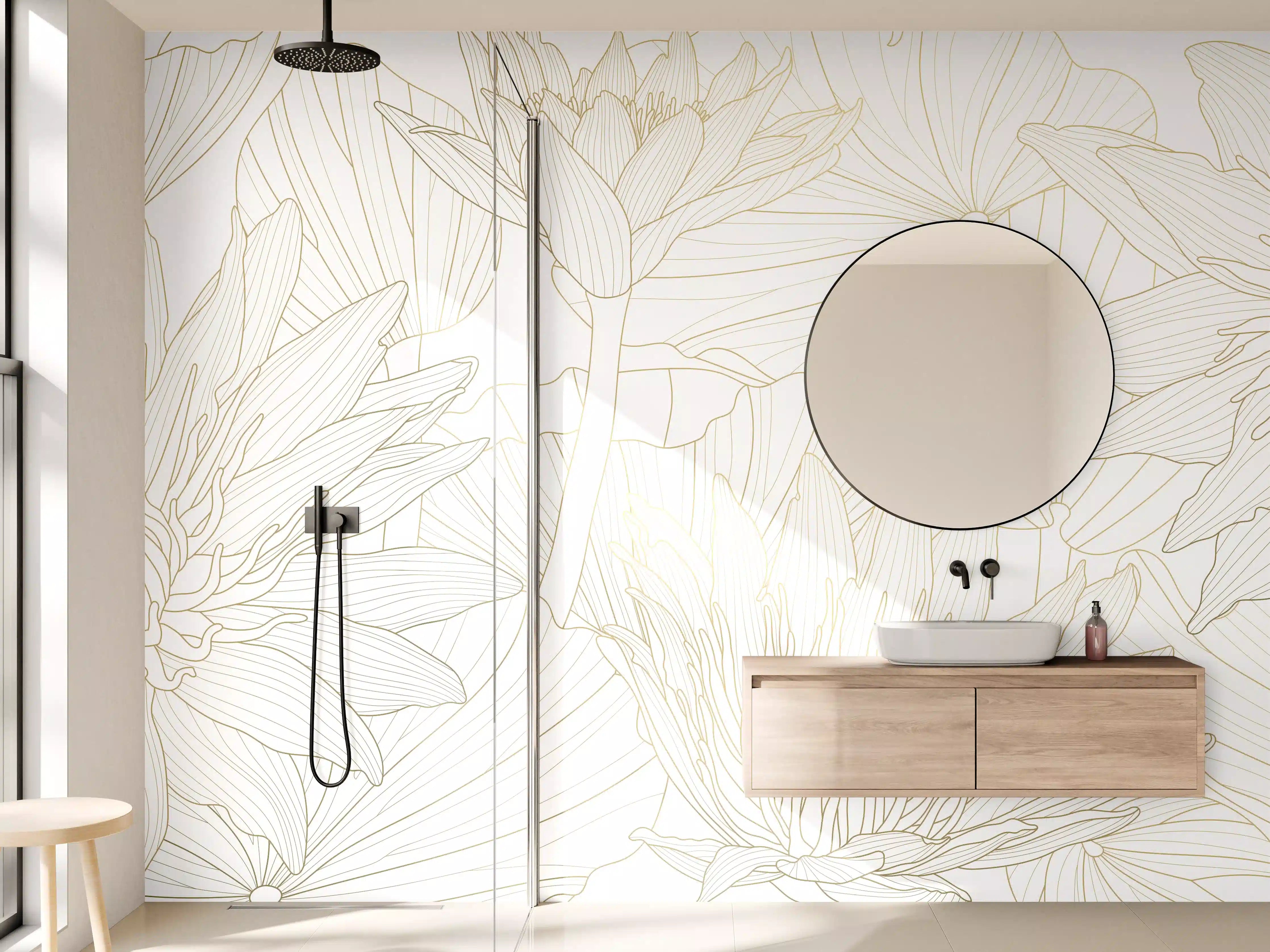 Wandverkleidung Bad - Weißes Floral-Linien Kunstwerk