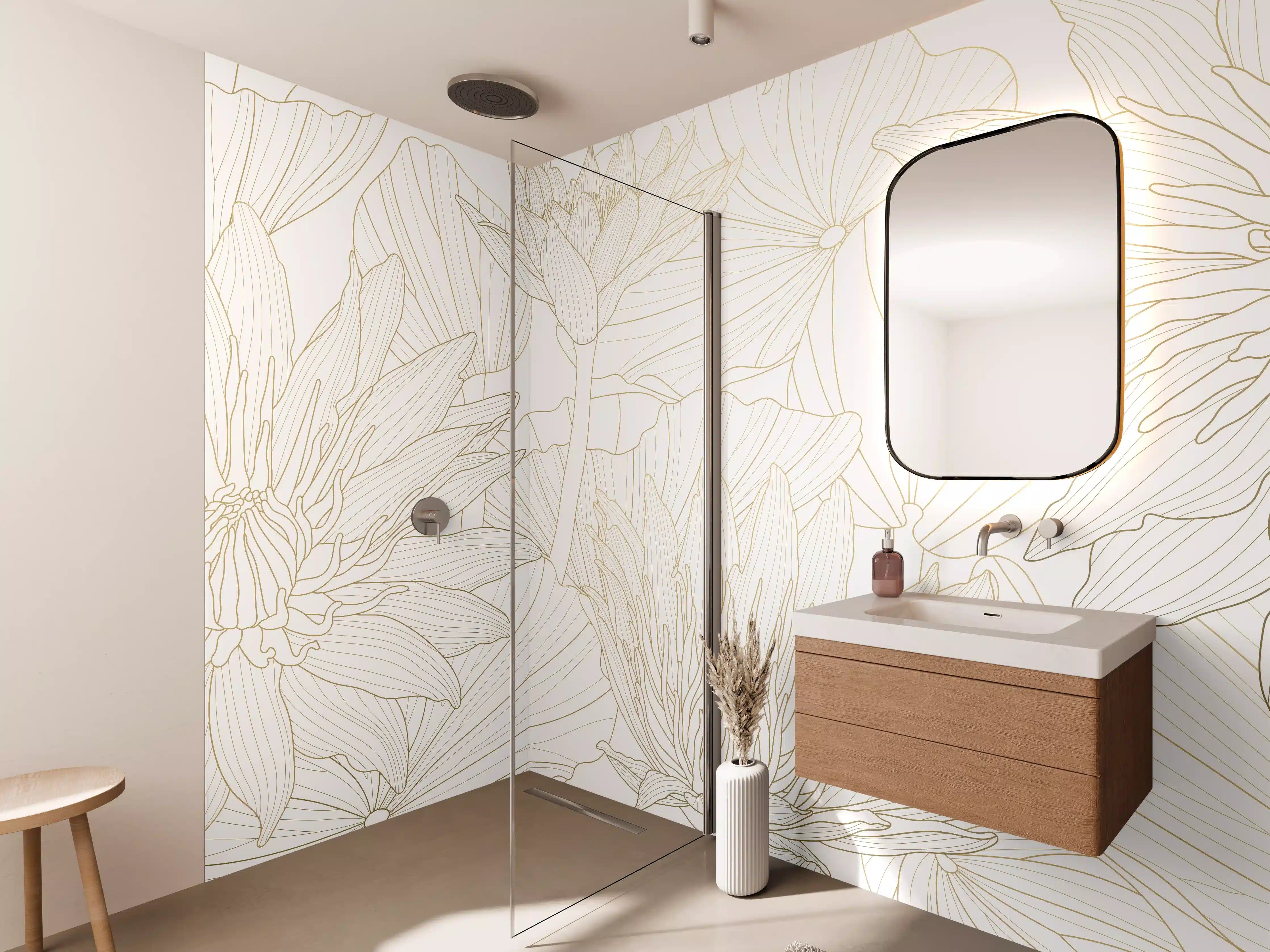Wandverkleidung Bad - Weißes Floral-Linien Kunstwerk