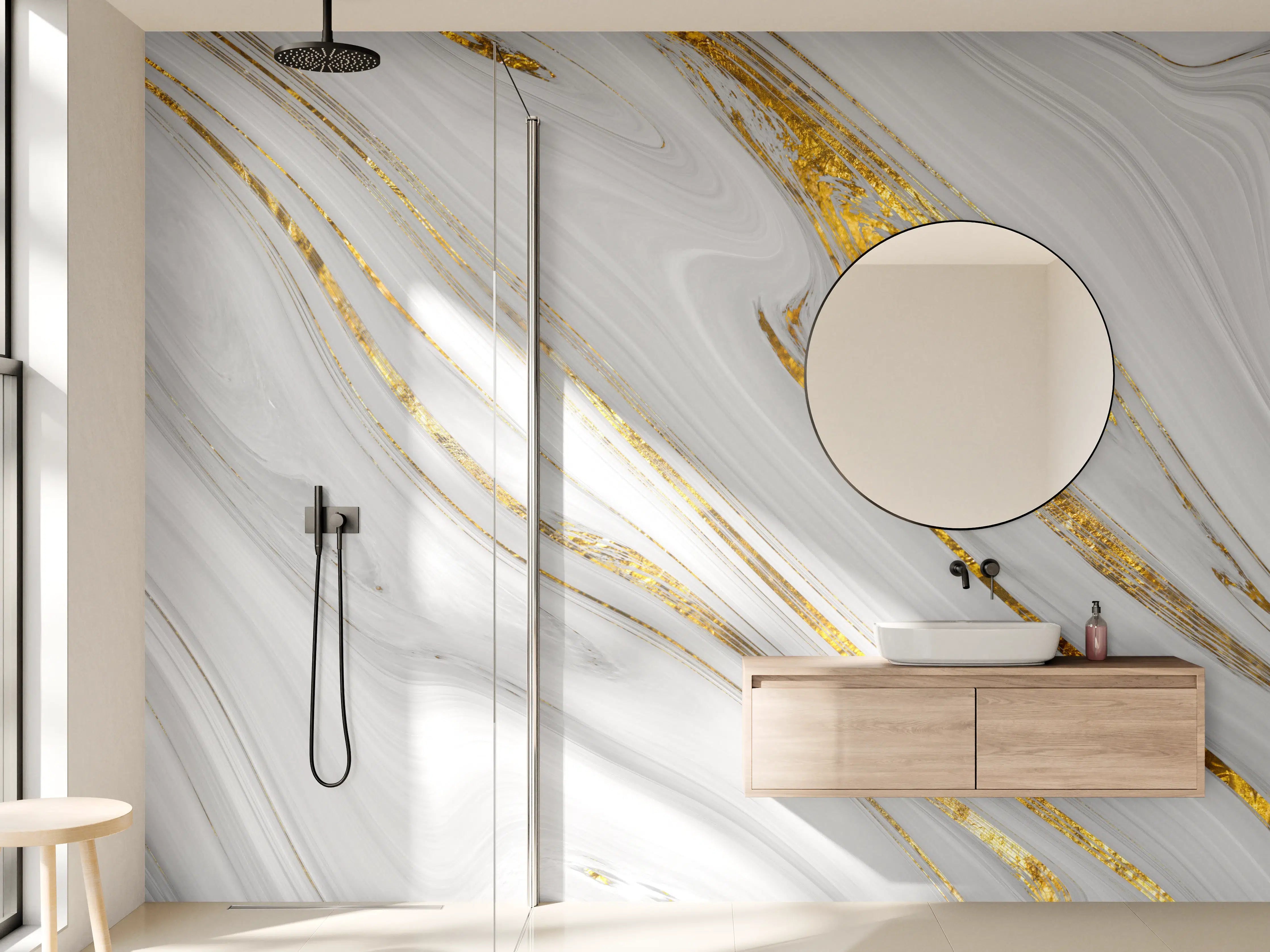 Wandverkleidung Bad - Weißes Marmor Muster mit goldenen Adern