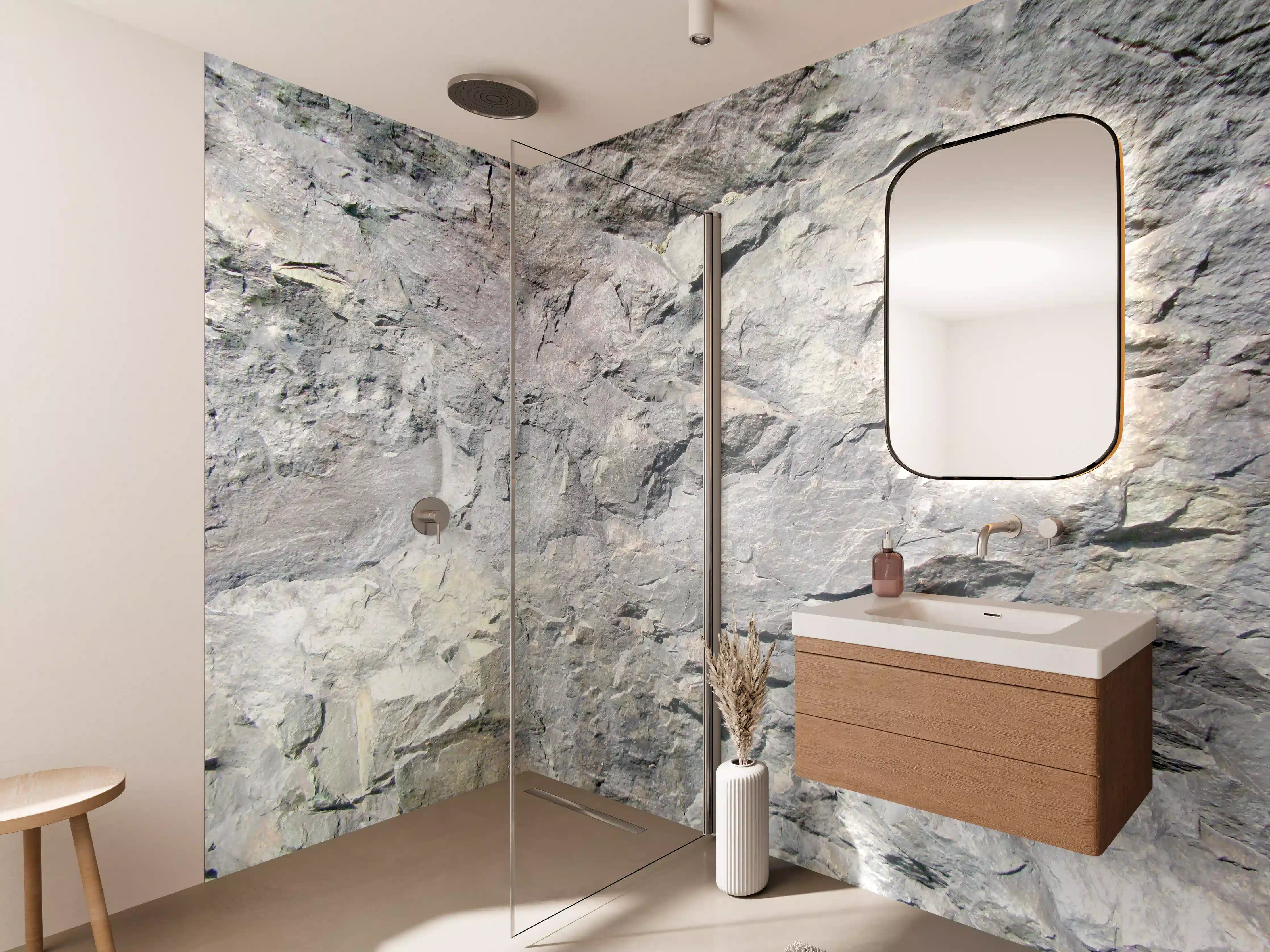 Wandverkleidung Bad - Weißes und graues Gestein mit Textur