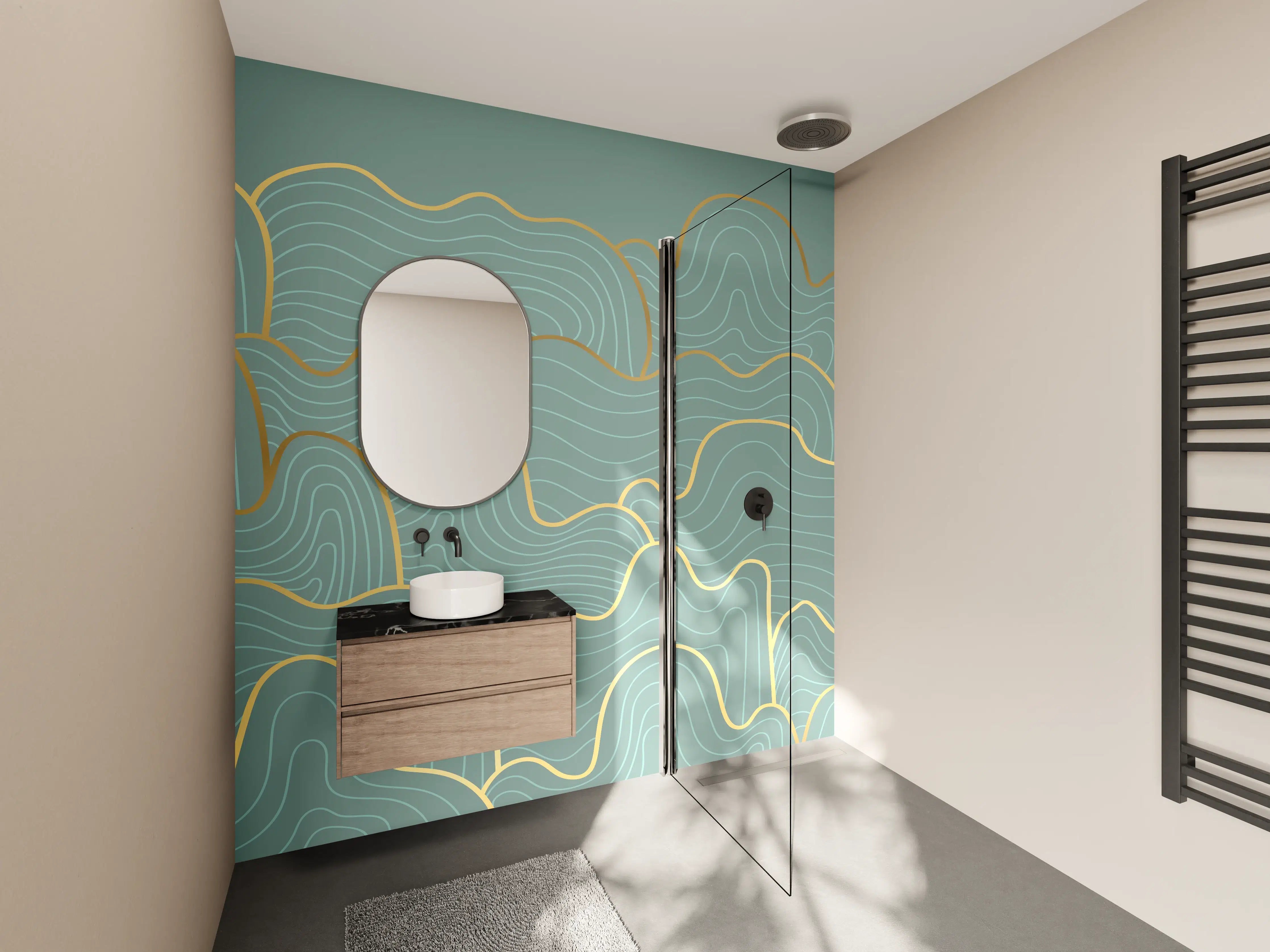 Wandverkleidung Bad - Wellenmuster Blau-Gold