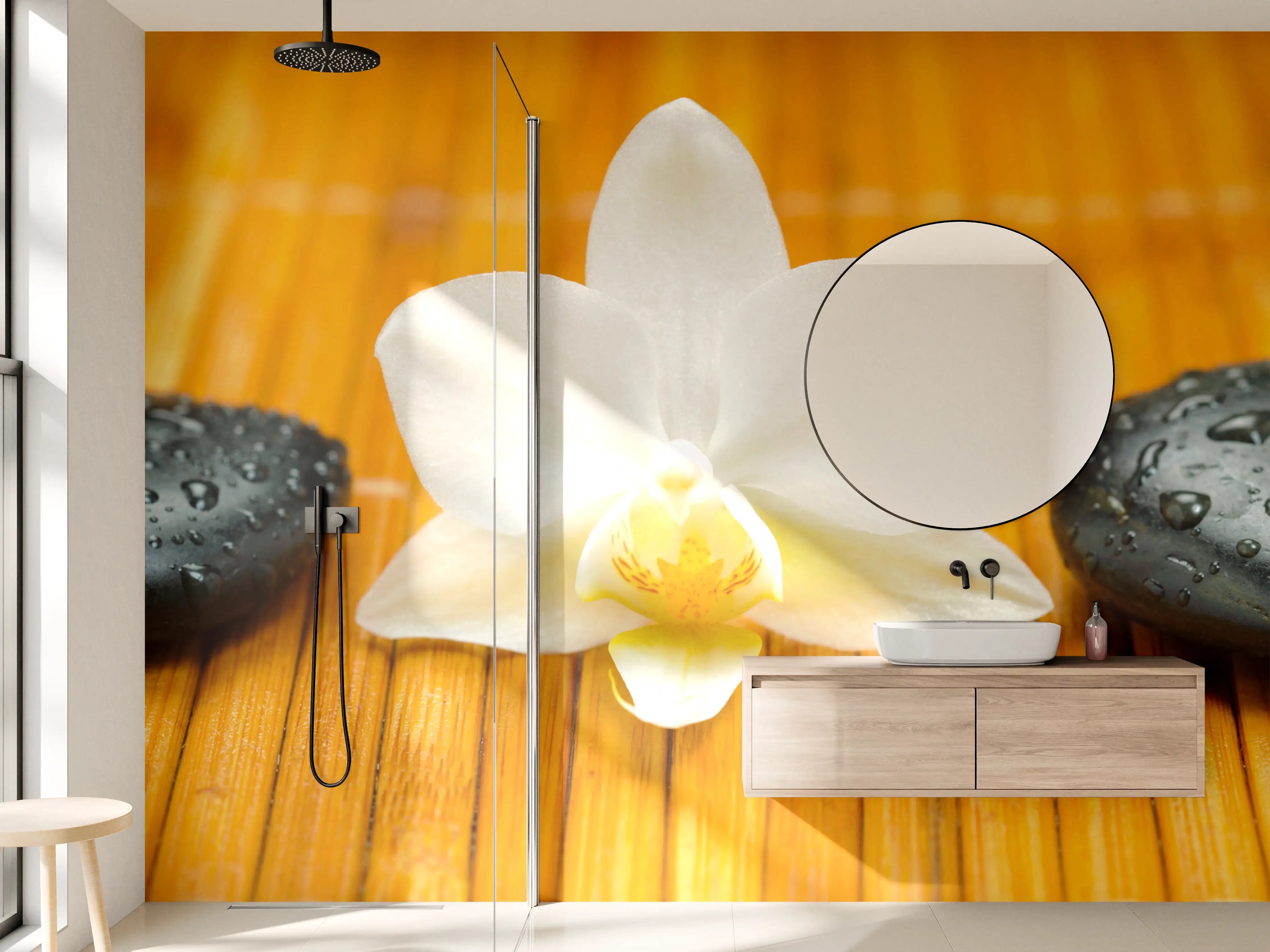 Wandverkleidung Bad - Wellness-Steine mit Blüten auf Bambusmatte