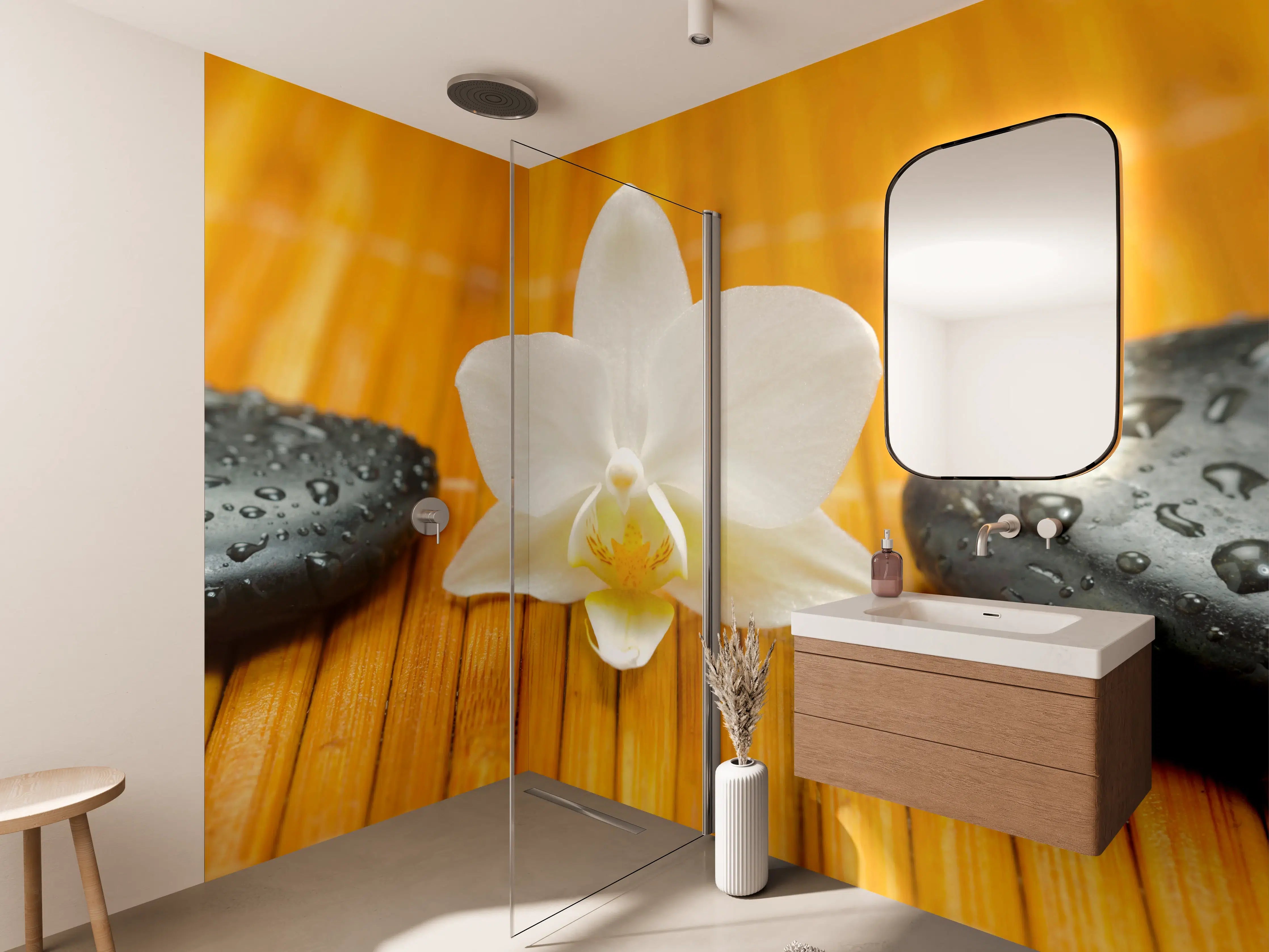 Wandverkleidung Bad - Wellness-Steine mit Blüten auf Bambusmatte