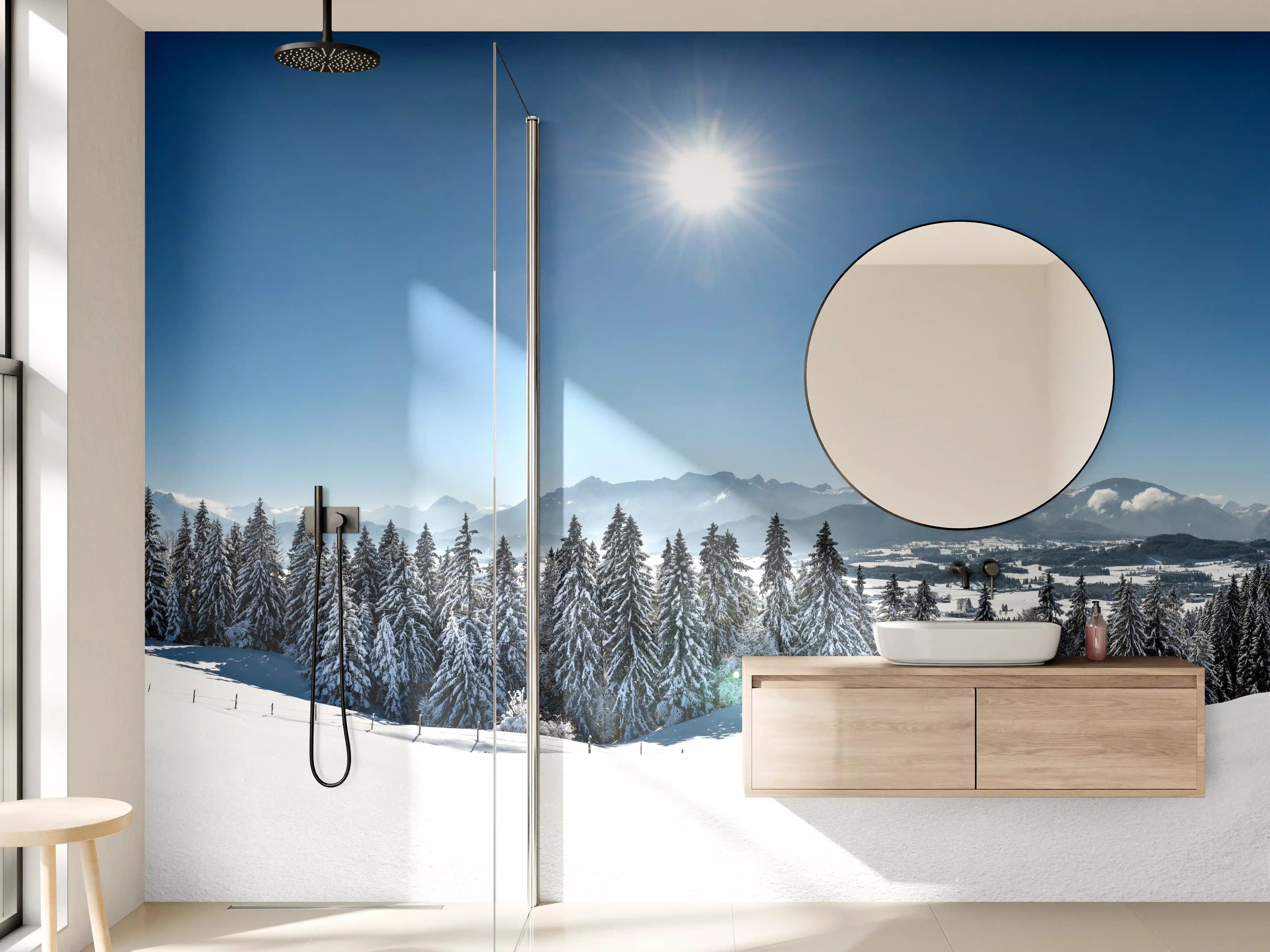 Wandverkleidung Bad - Winterlandschaft mit verschneiten Bäumen