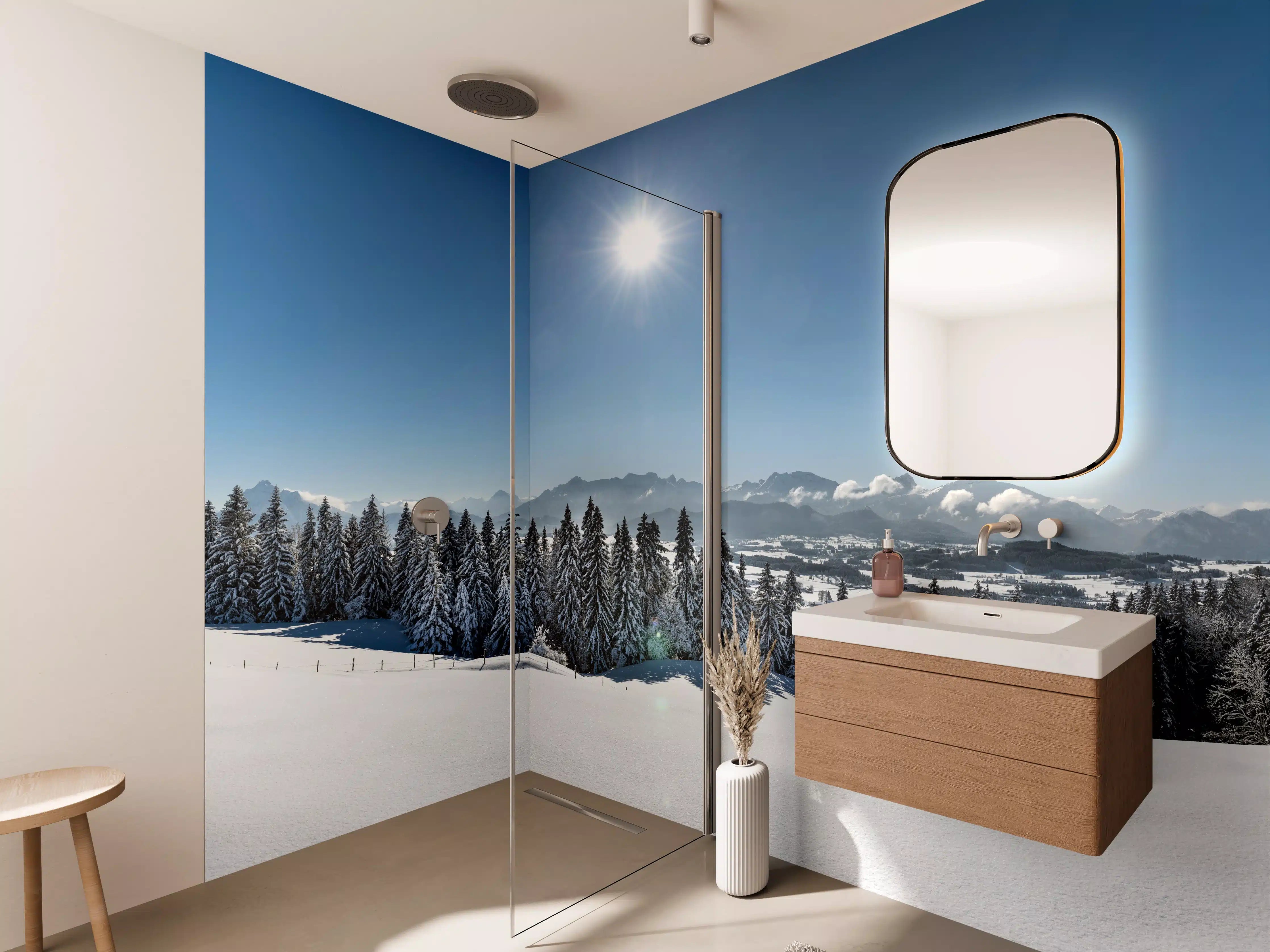 Wandverkleidung Bad - Winterlandschaft mit verschneiten Bäumen
