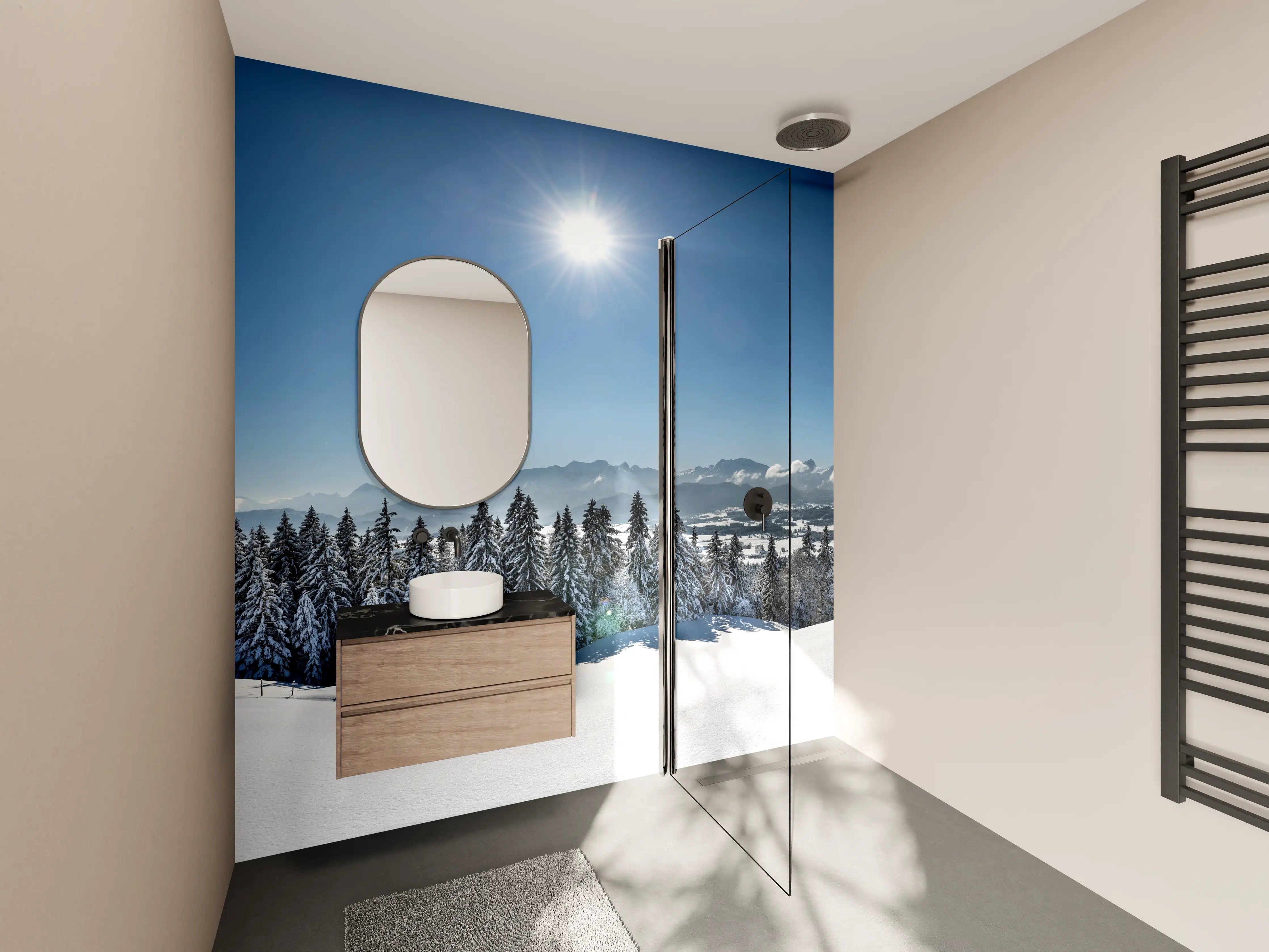 Wandverkleidung Bad - Winterlandschaft mit verschneiten Bäumen