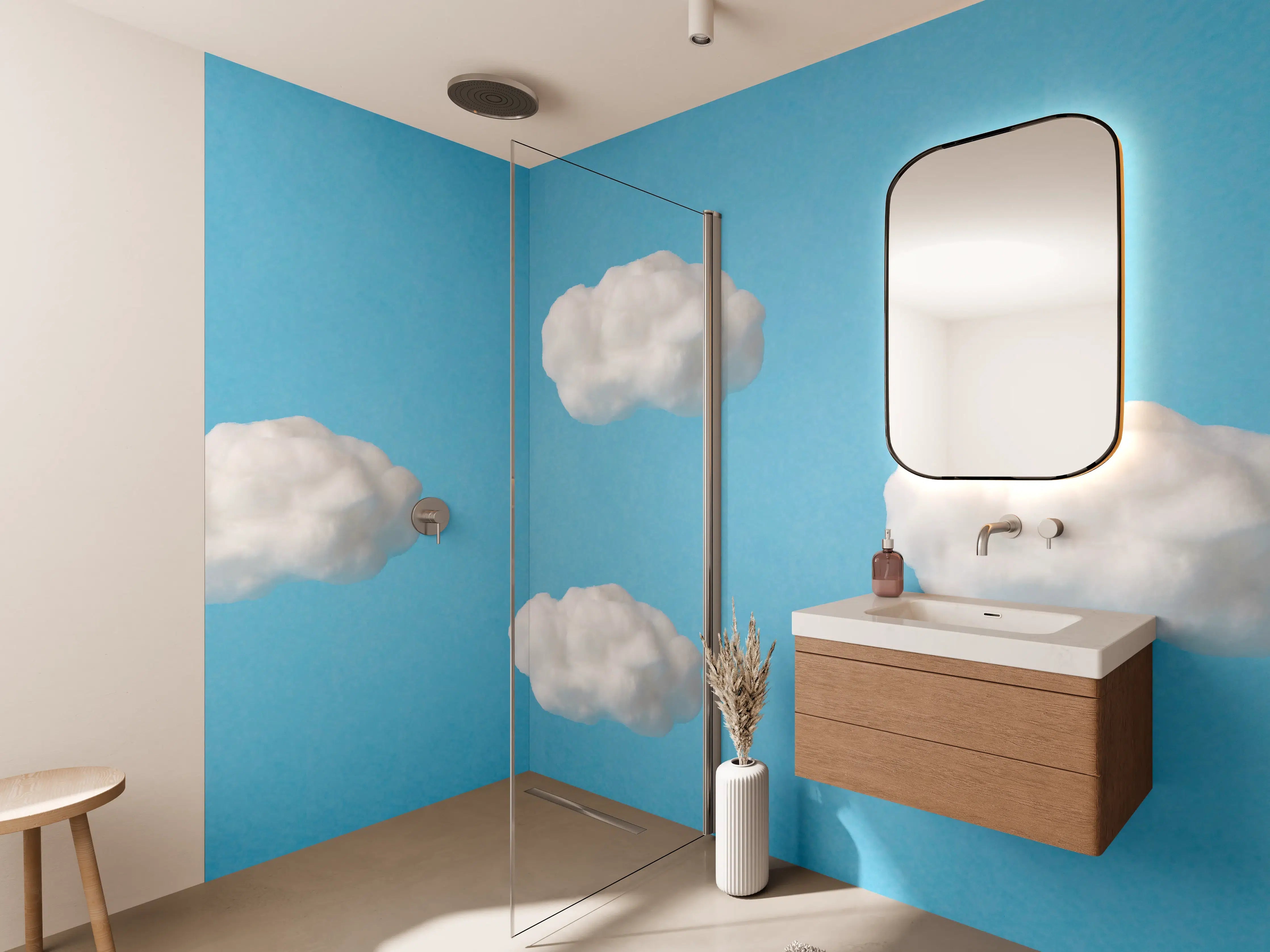 Wandverkleidung Bad - Wolke aus Watte auf himmelblauem Hintergrund