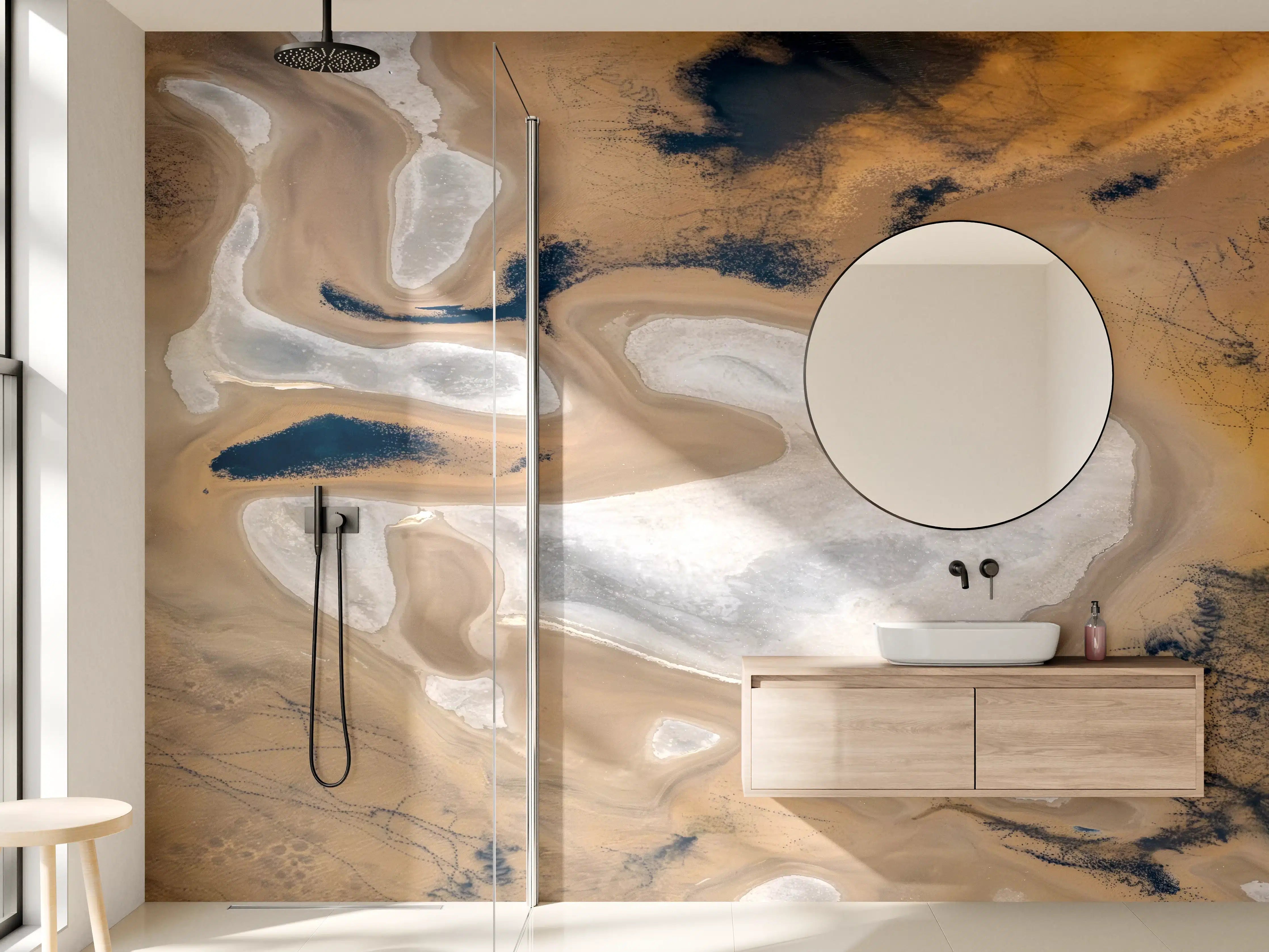 Wandverkleidung Bad - Wüstenlandschaft mit Salzpfannen und dunklen Wolken