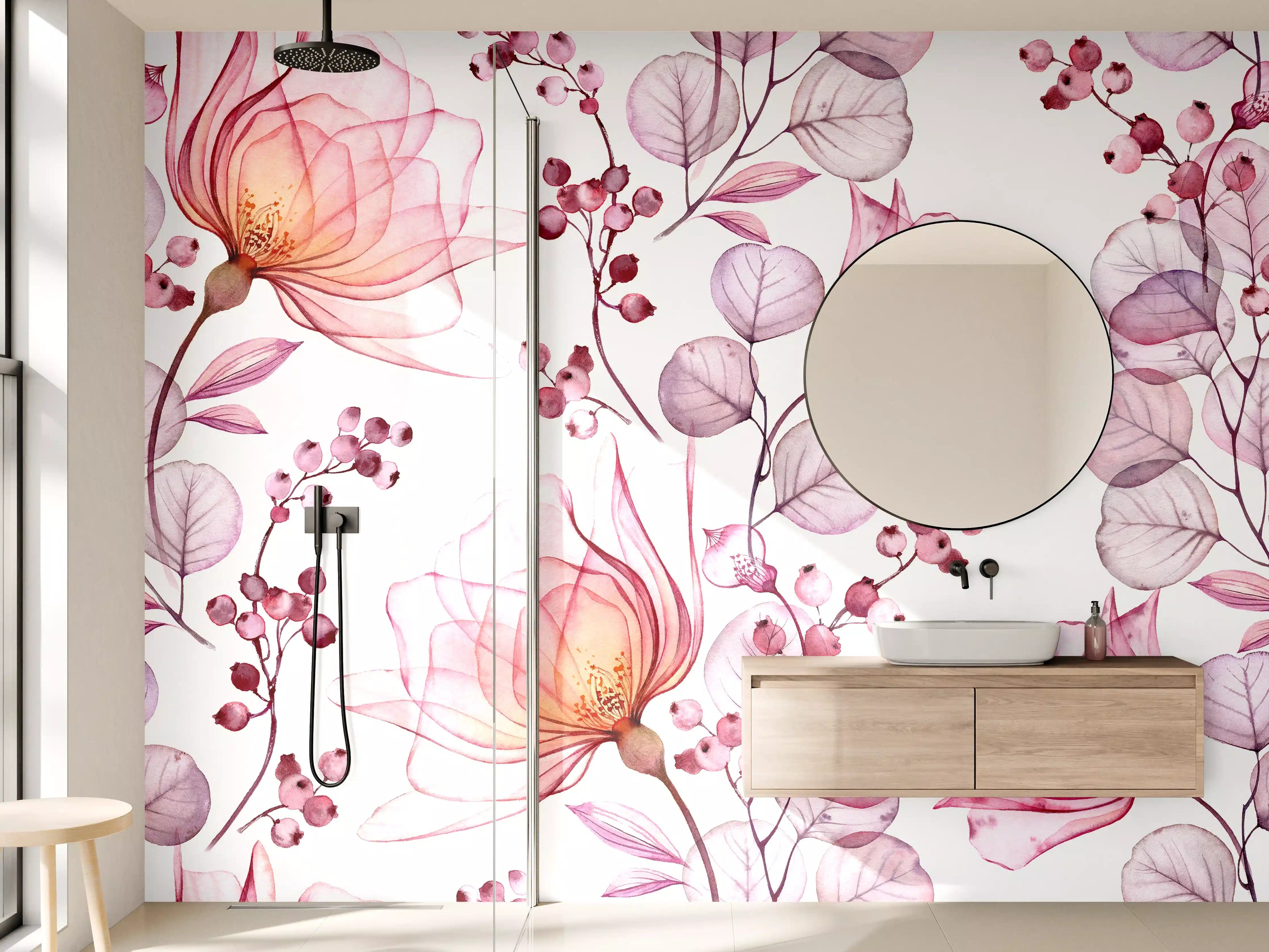 Wandverkleidung Bad - Zarte Blüten in Rosa und Mauve